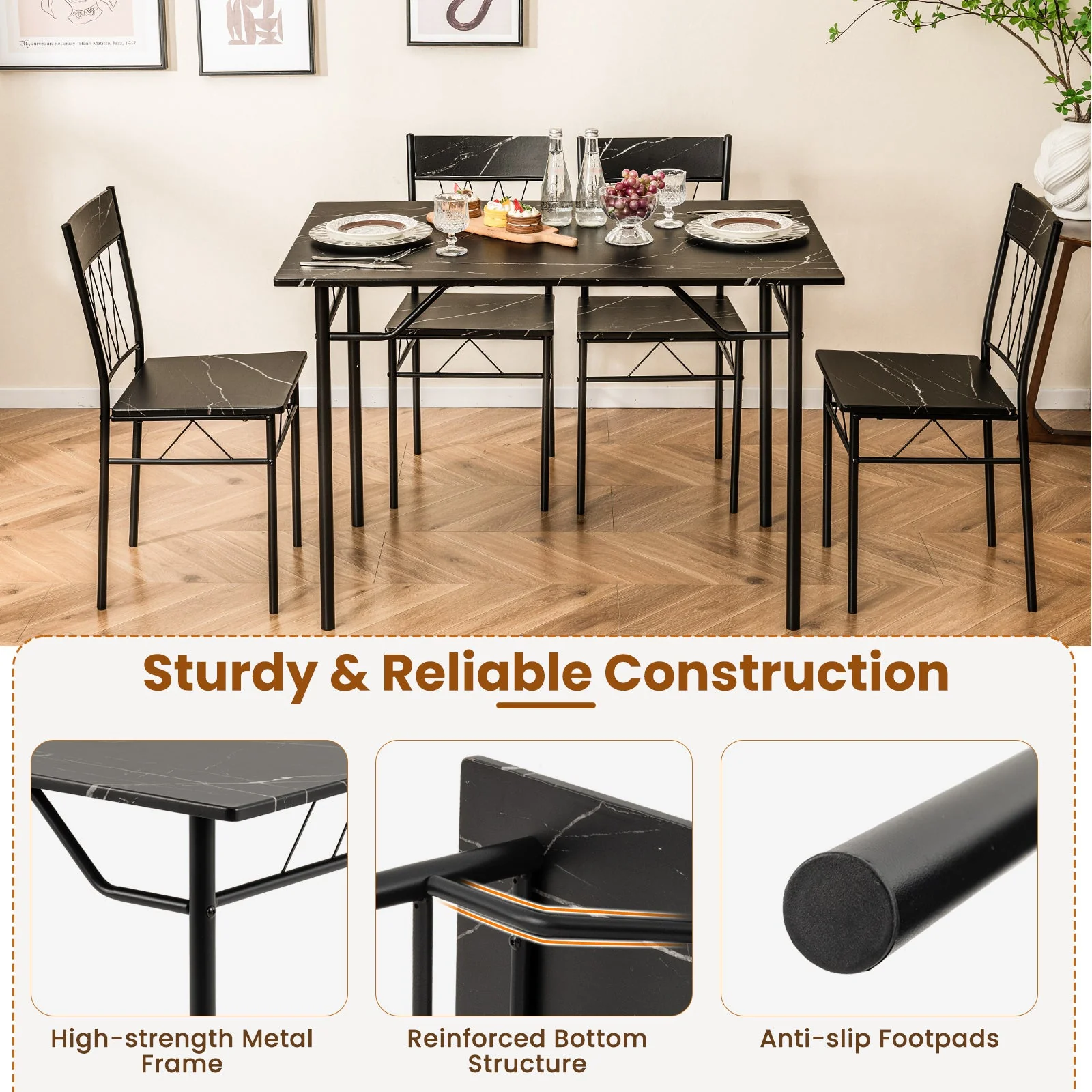5-Piece Dining Table Set for 4 with 4 Dining Chairs - Black - Image 7