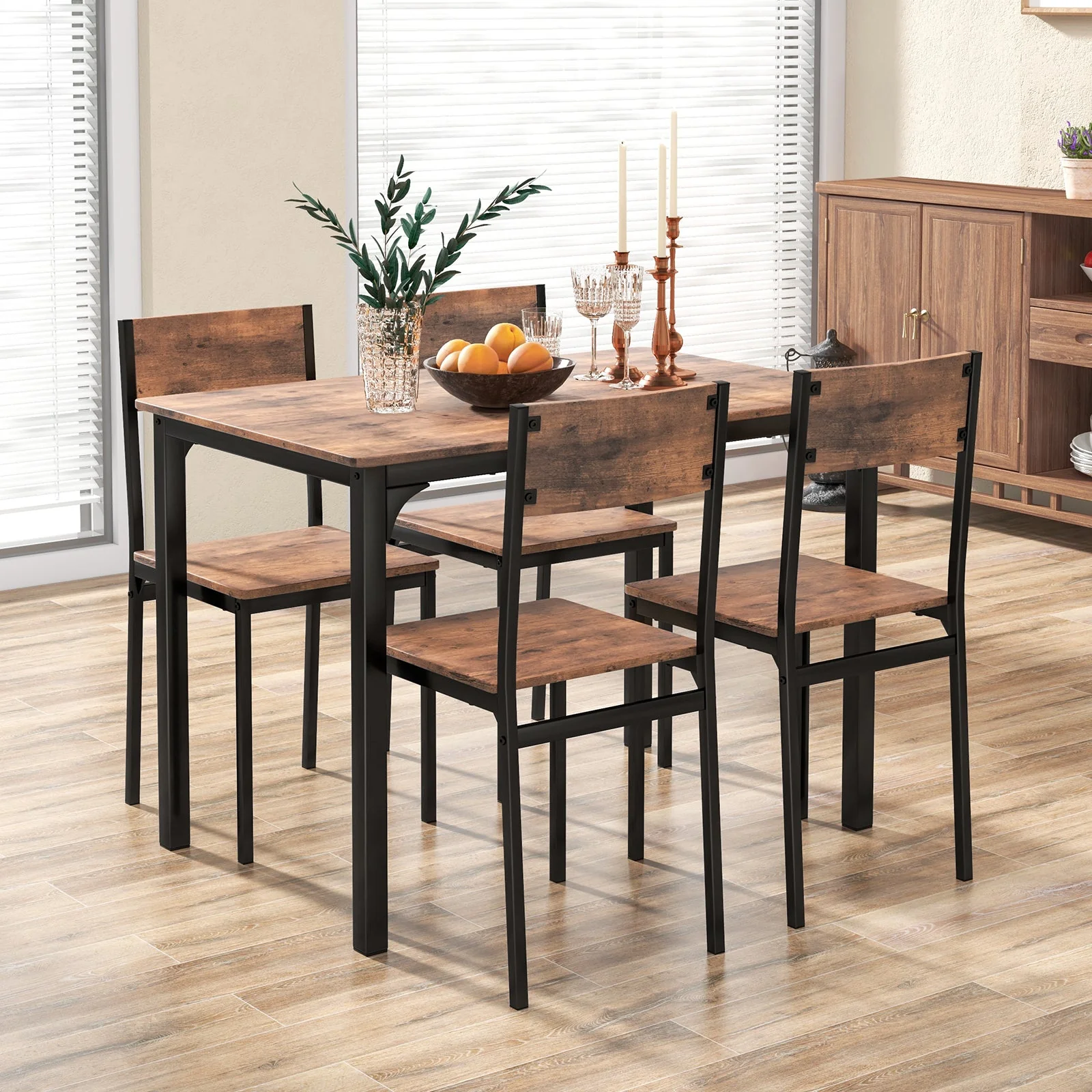 5 Piece Dining Table Set Industrial Style for 4 - Rustic Brown - Image 2