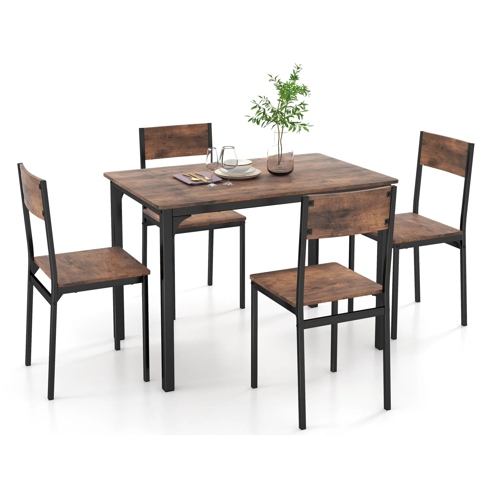 5 Piece Dining Table Set Industrial Style for 4 - Rustic Brown - Image 3