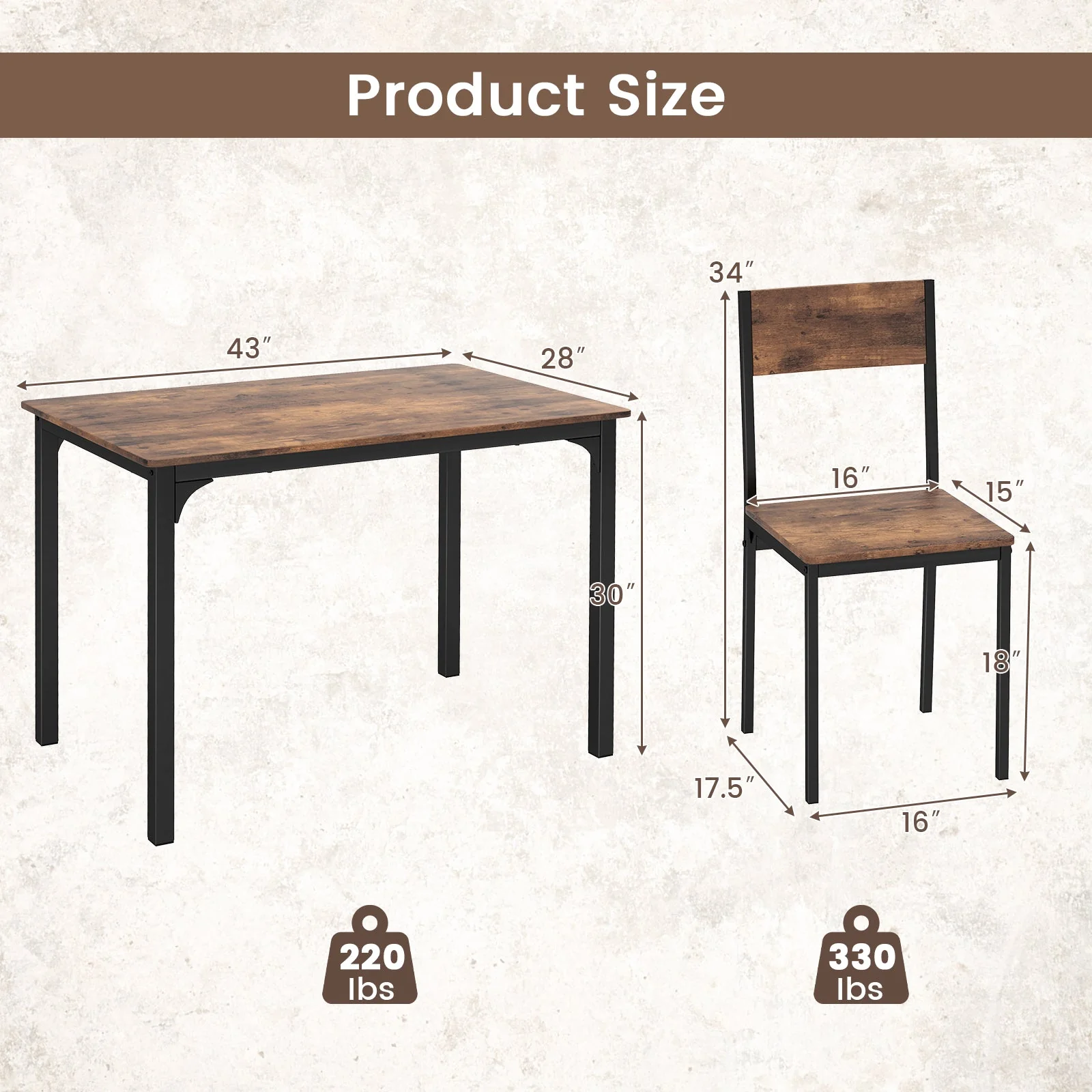 5 Piece Dining Table Set Industrial Style for 4 - Rustic Brown - Image 5