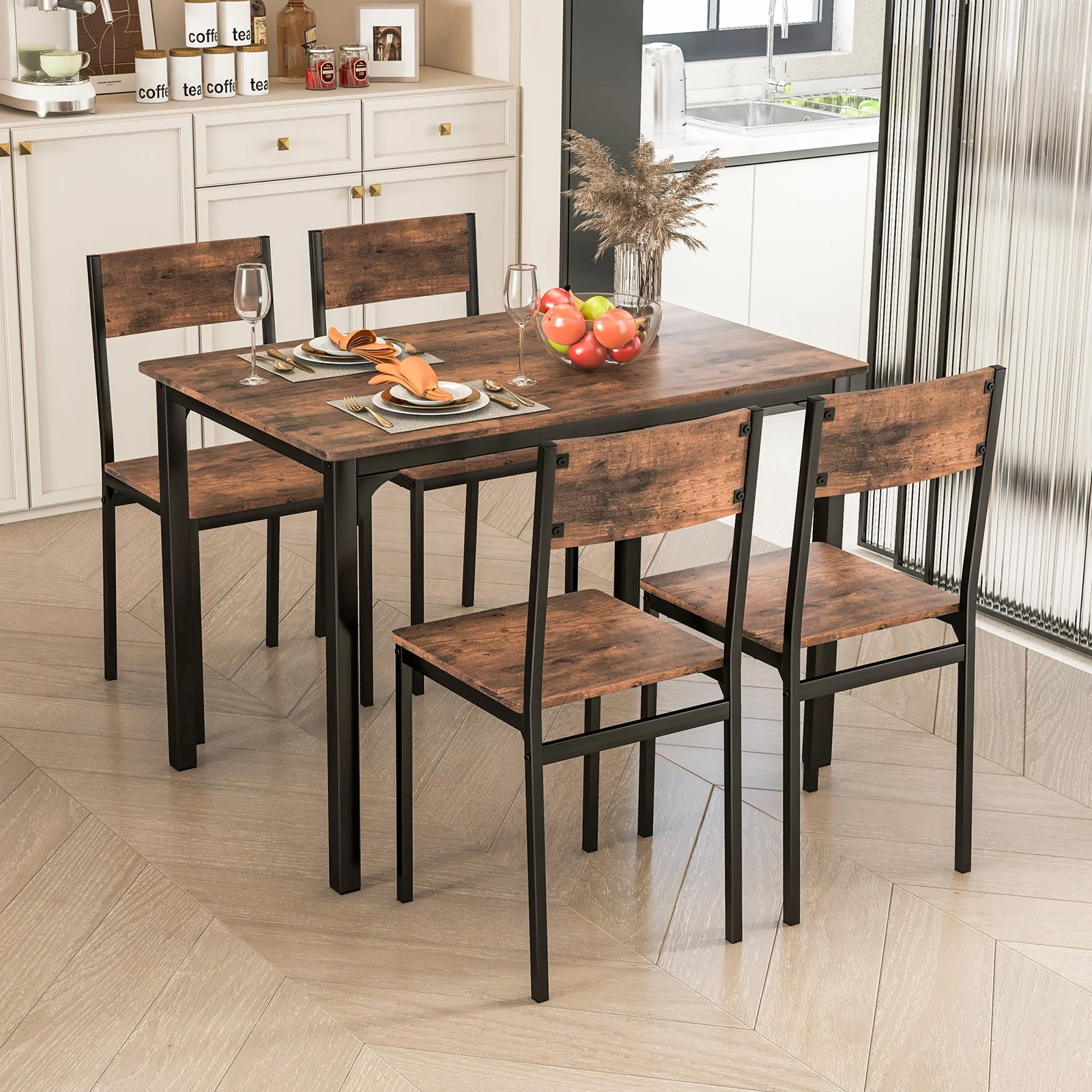 5 Piece Dining Table Set Industrial Style for 4 - Rustic Brown - Image 6