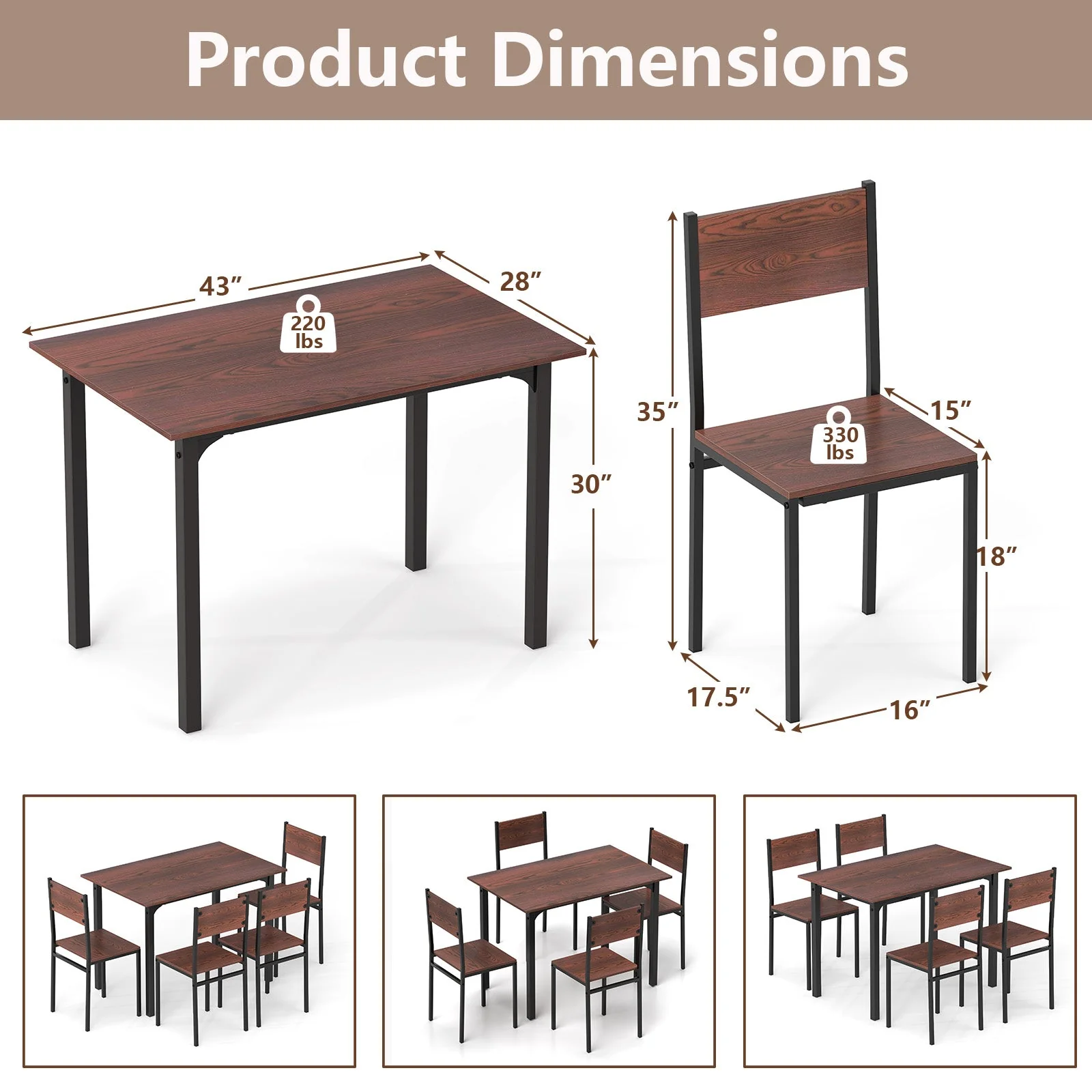 5 Piece Dining Table Set Industrial Style - Walnut - Image 6