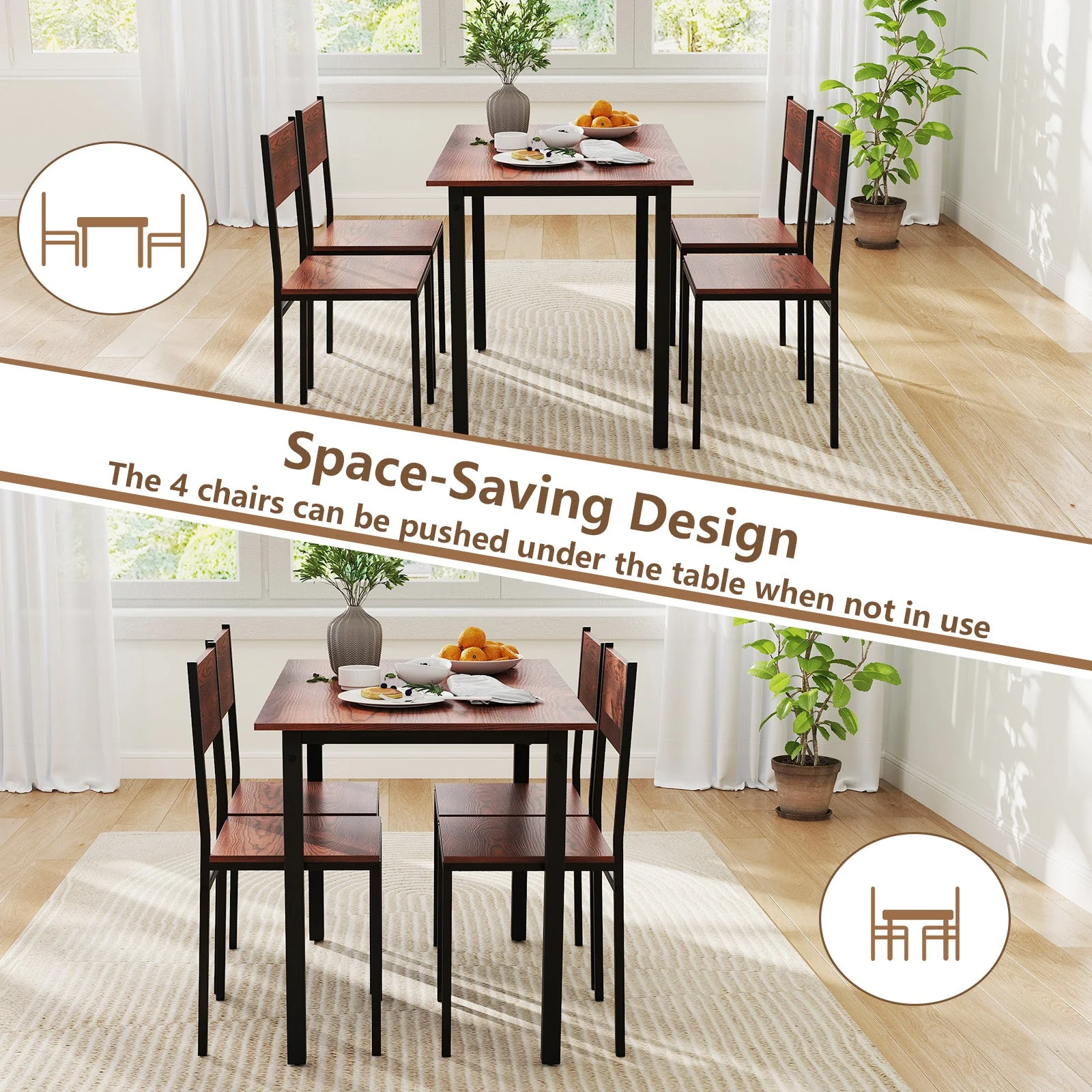 5 Piece Dining Table Set Industrial Style - Walnut - Image 7