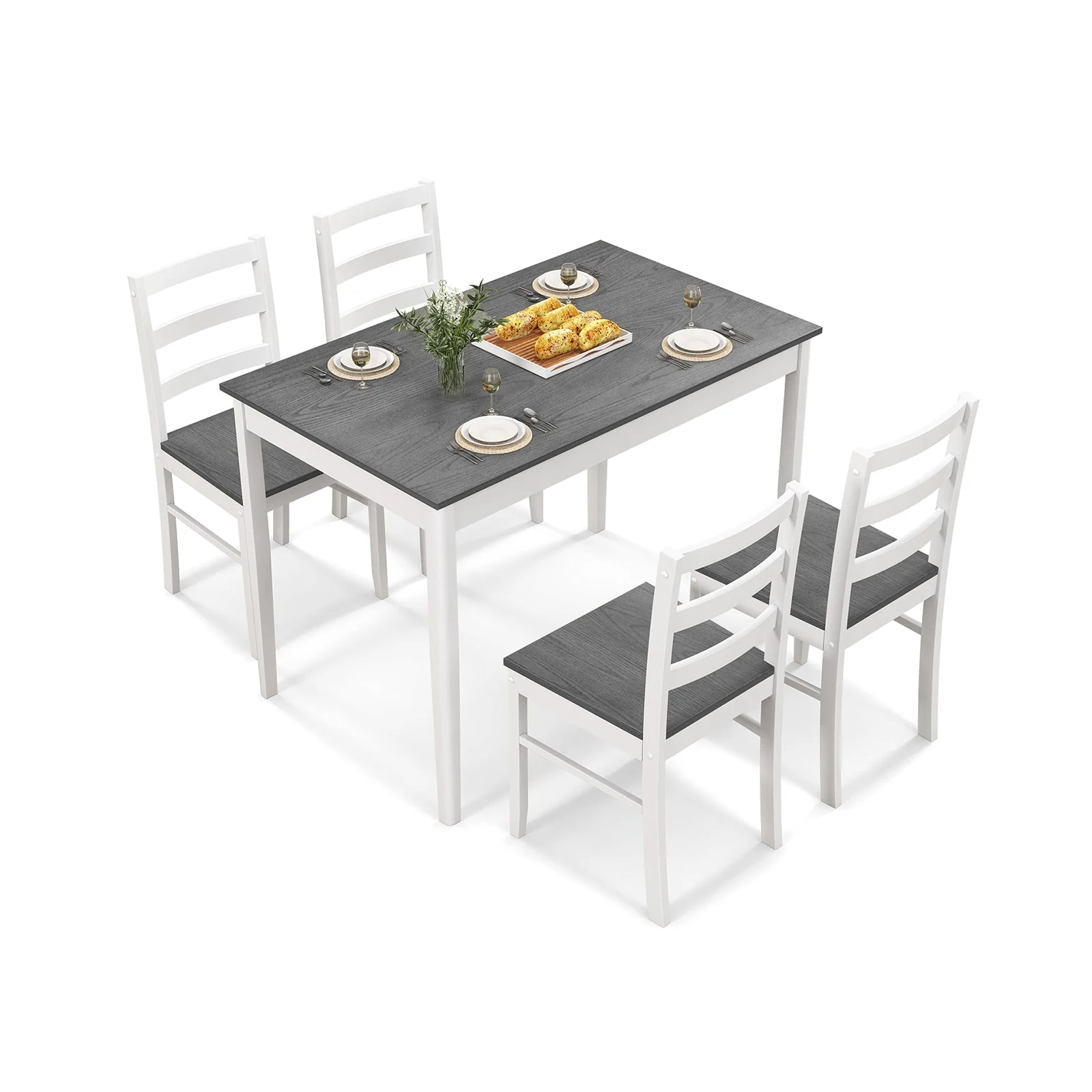 5-Piece Wooden Dining Set with 4 Chairs - Gray - Image 2