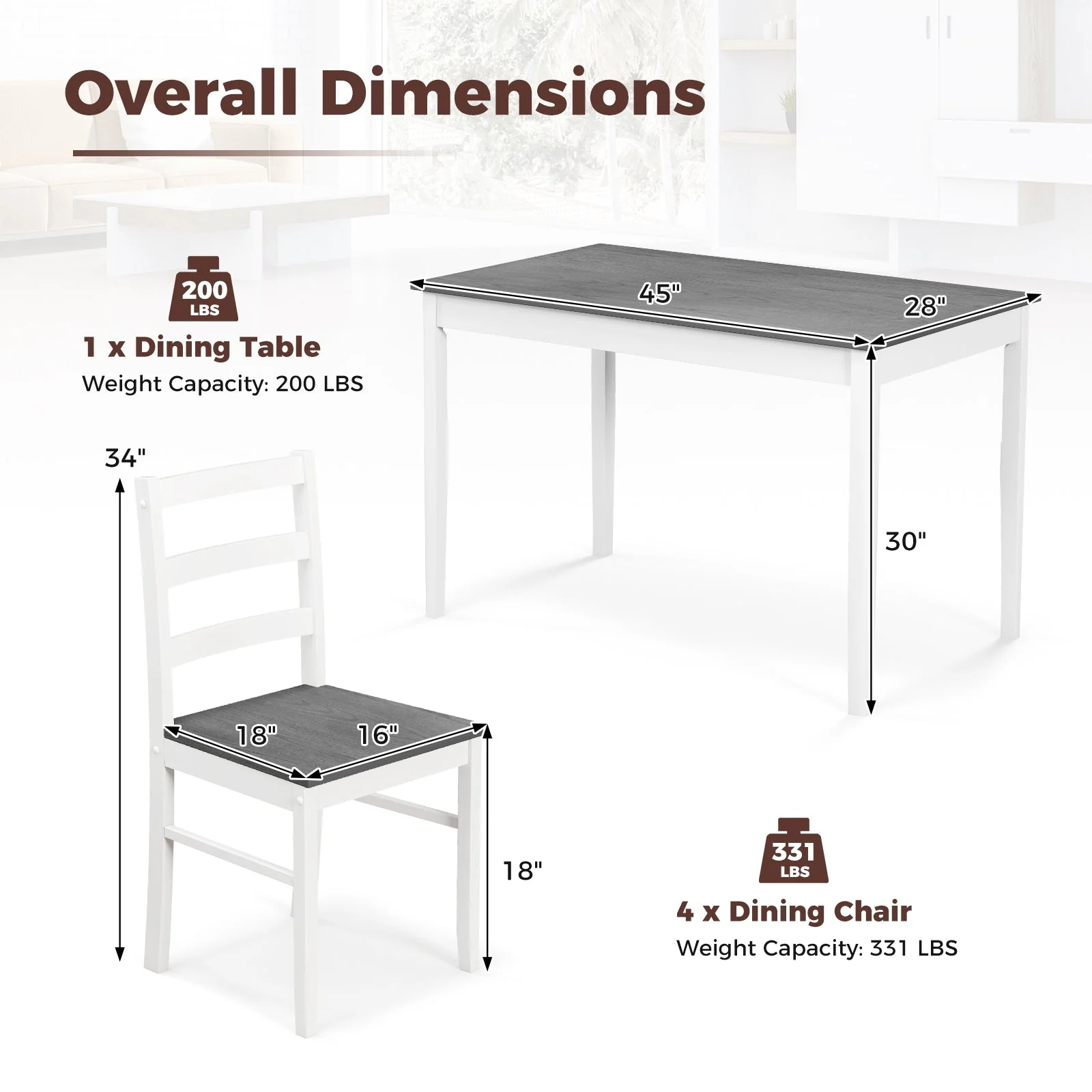 5-Piece Wooden Dining Set with 4 Chairs - Gray - Image 4