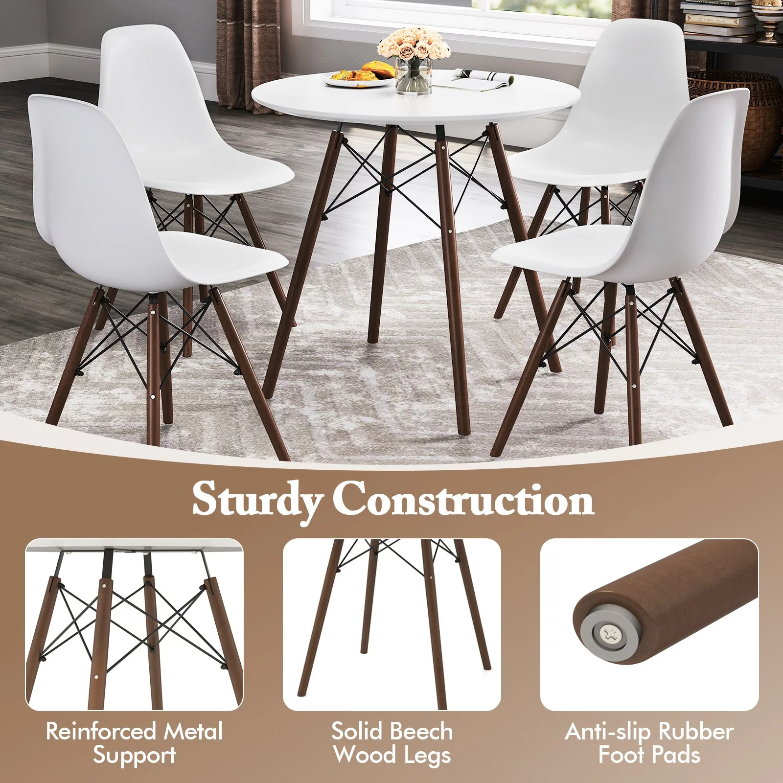 5 Pieces Dining Table Set With Solid Wood Leg - Beige - Image 7