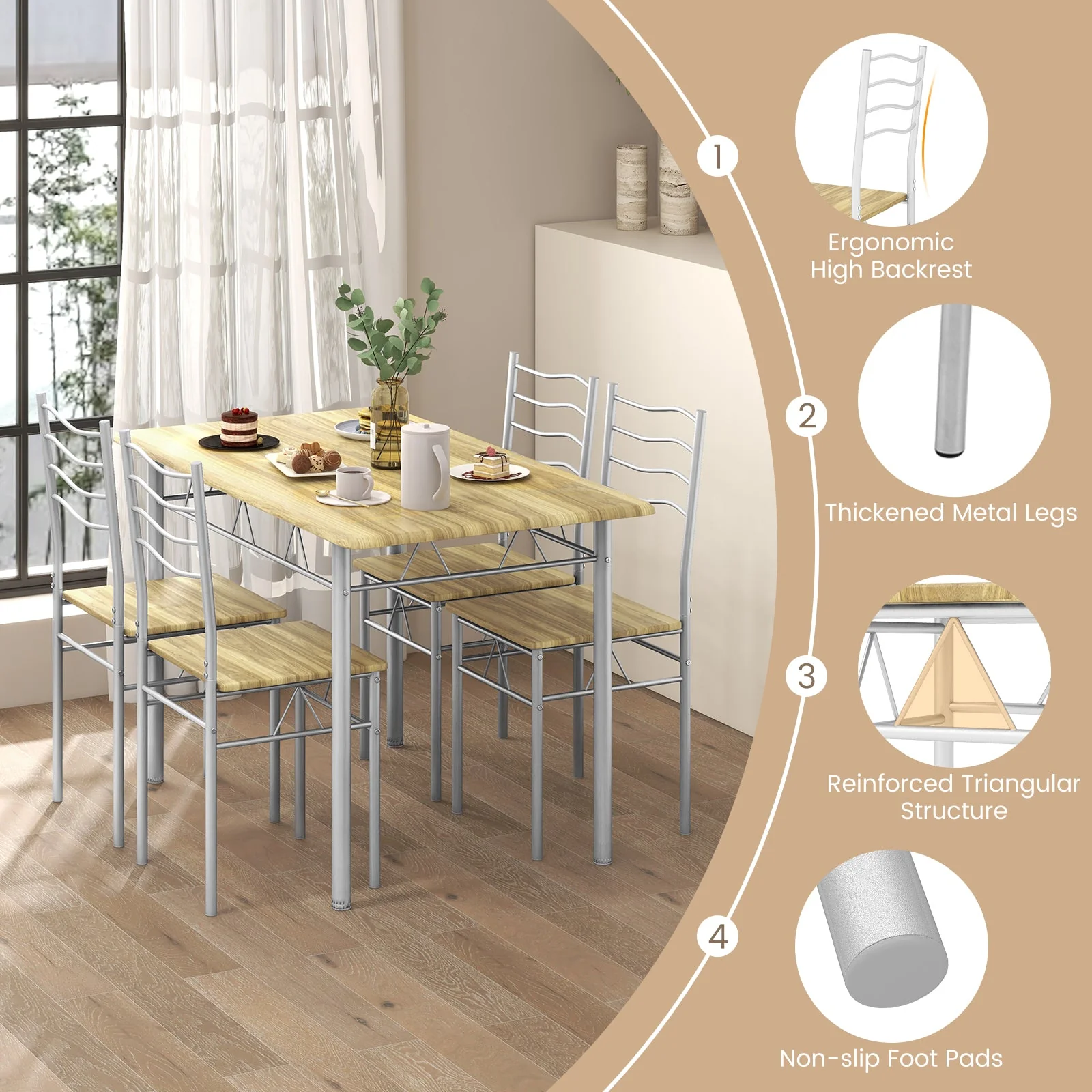 5 Pieces Wood Metal Dining Table Set with 4 Chairs - Walnut - Image 7