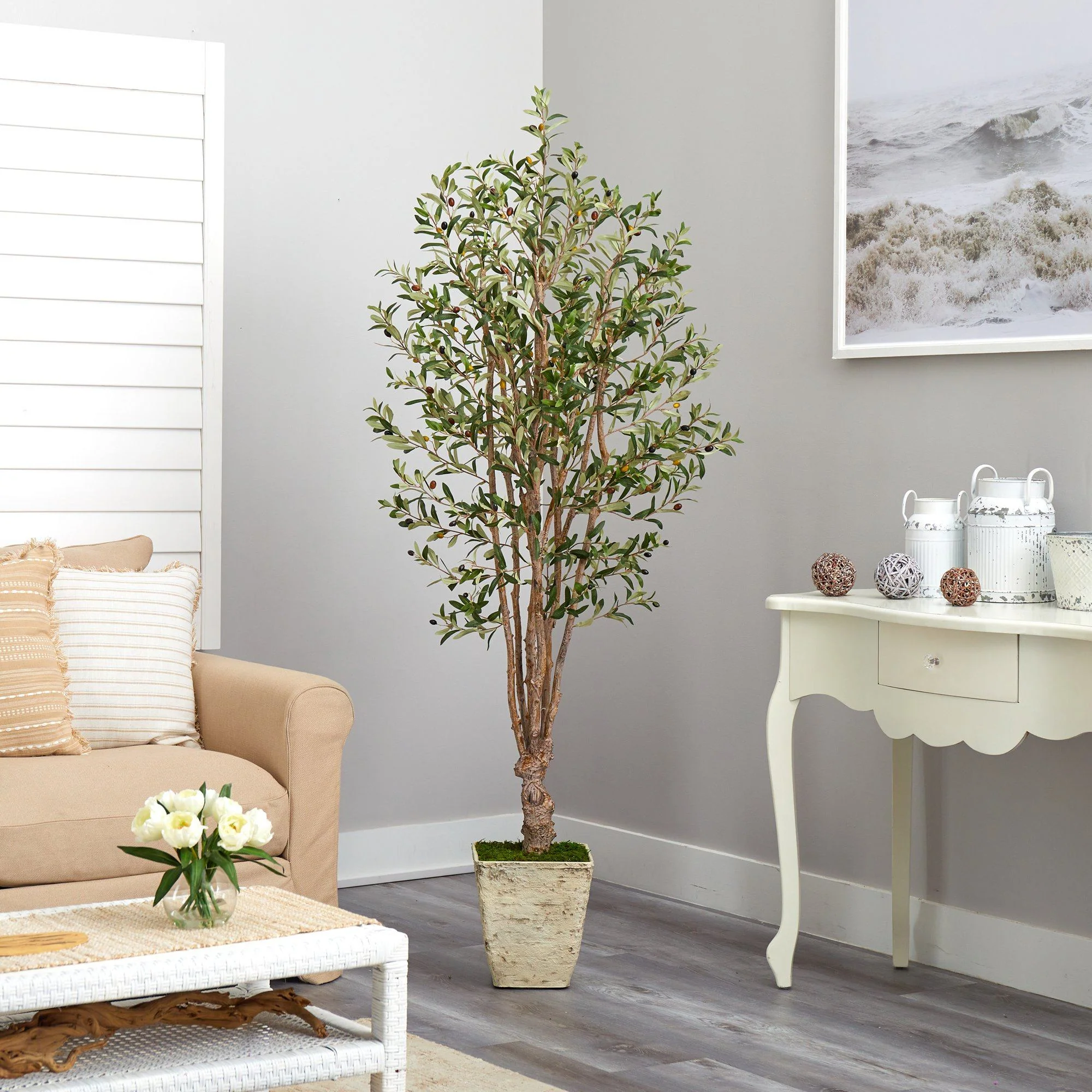 6.5’ Olive Artificial Tree in Country White Planter - Image 4