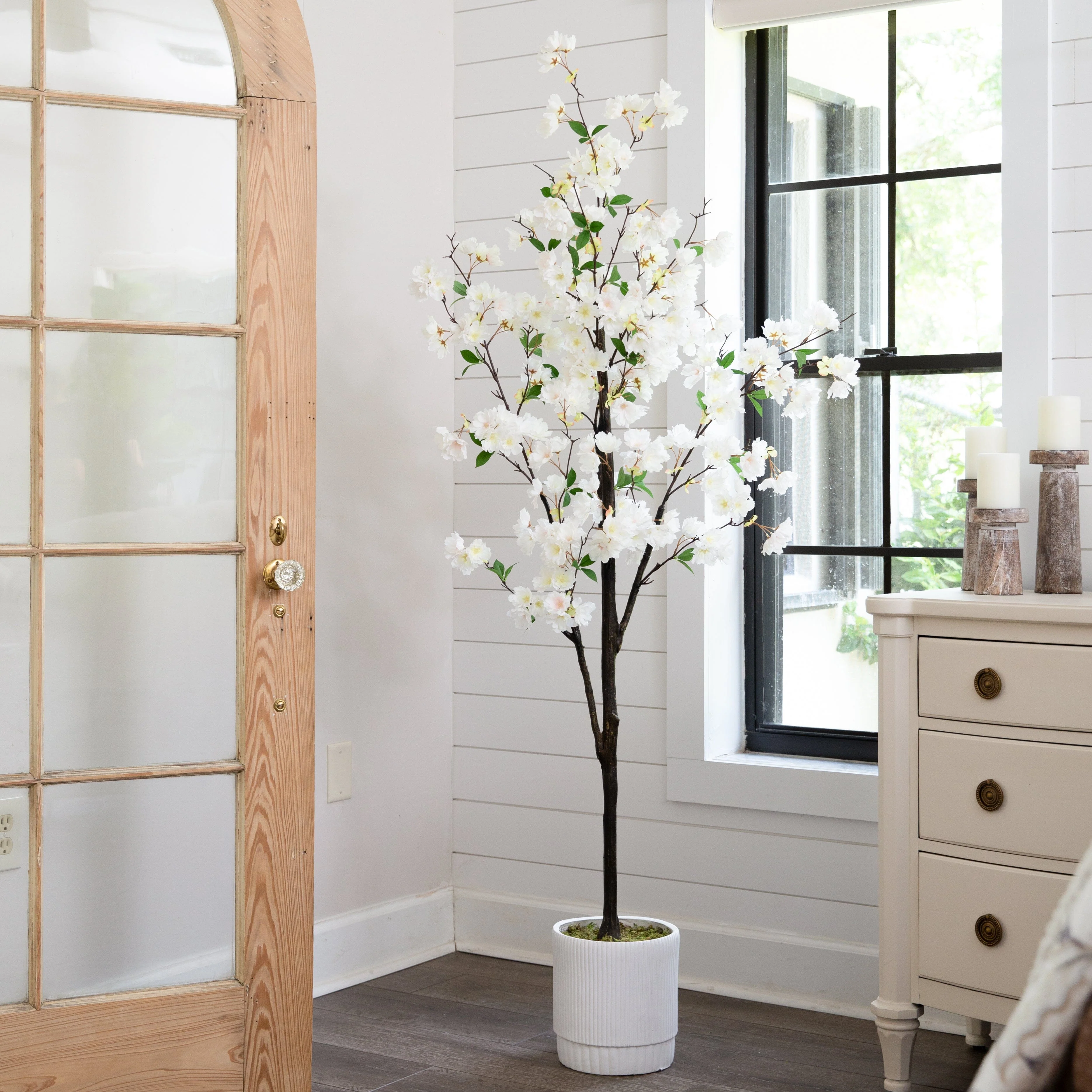 6’ Artificial Cherry Blossom Tree with White Decorative Planter - Image 3