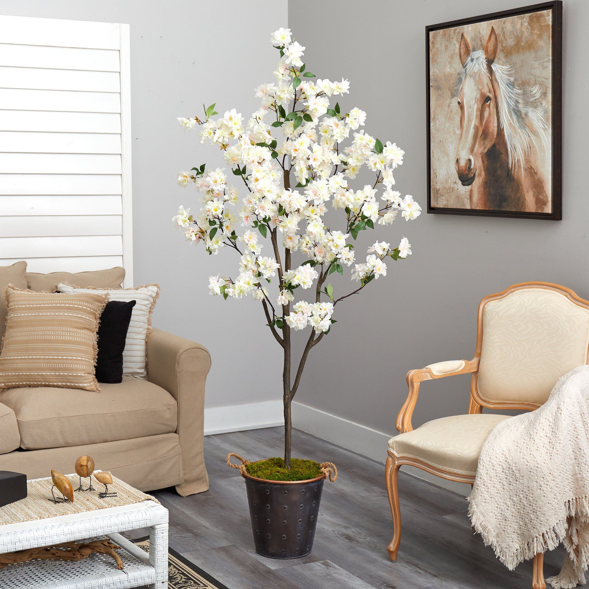 6’ Cherry Blossom Artificial Tree in Decorative Metal Pail with Rope - Image 4