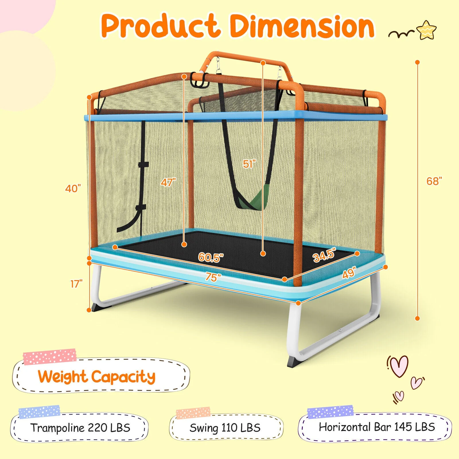6 Feet Rectangle Trampoline with Swing Horizontal Bar and Safety Net-Orange - Image 4
