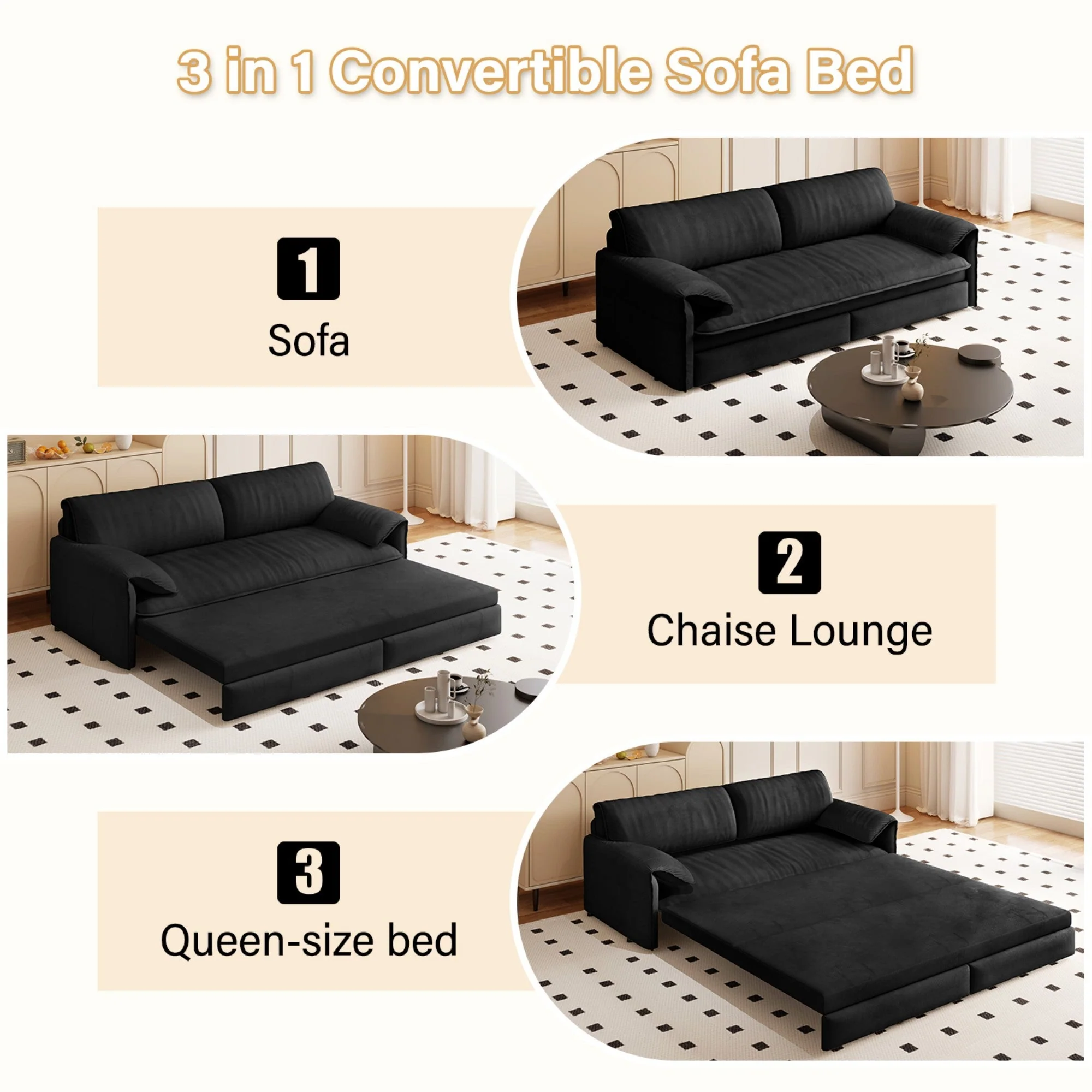 66 ' Queen 3-in-1 Convertible Sleeper Sofa Bed with Side Storage - Image 12