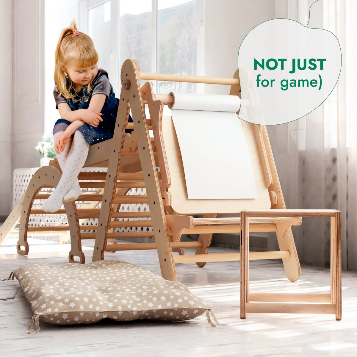 6-in-1 Montessori Climbing Set: Triangle Ladder + Arch/Rocker + Slide/Ramp + Net + Cushion + Art Addition - Image 8