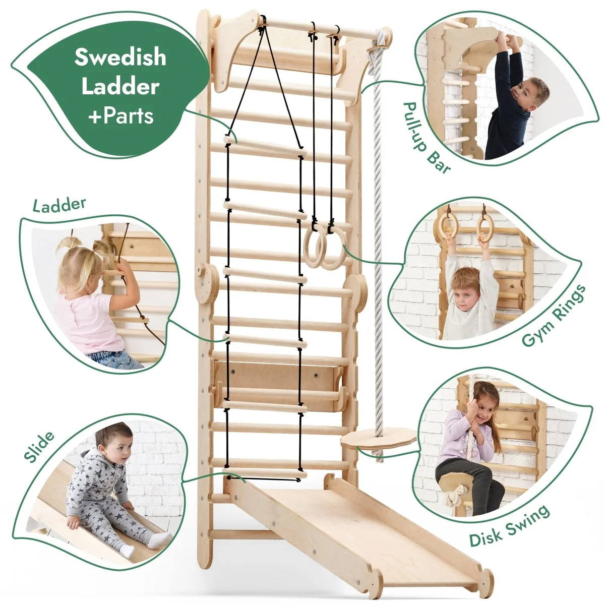 6-in-1 Wooden Swedish Wall / Climbing ladder for Children + Swing Set + Slide Board - Image 2