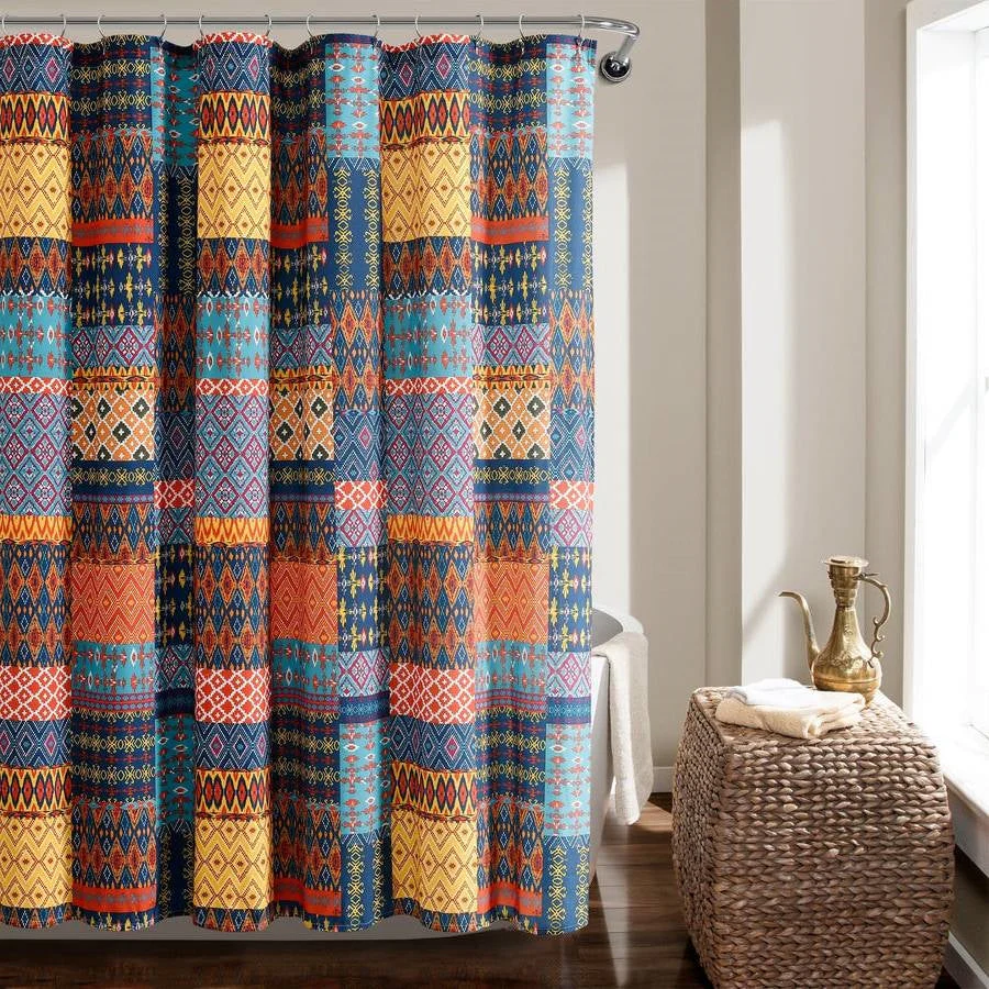 72-inch Navy Blue Orange Yellow Teal Boho Patchwork Polyester Shower Curtain - Image 2