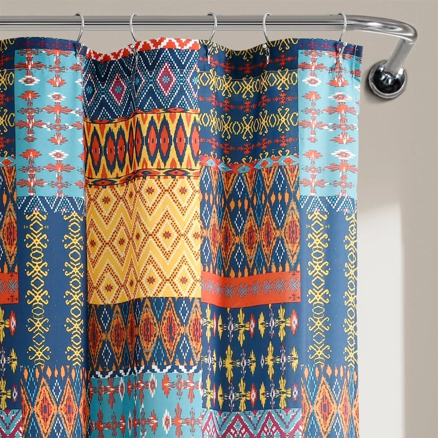 72-inch Navy Blue Orange Yellow Teal Boho Patchwork Polyester Shower Curtain - Image 3