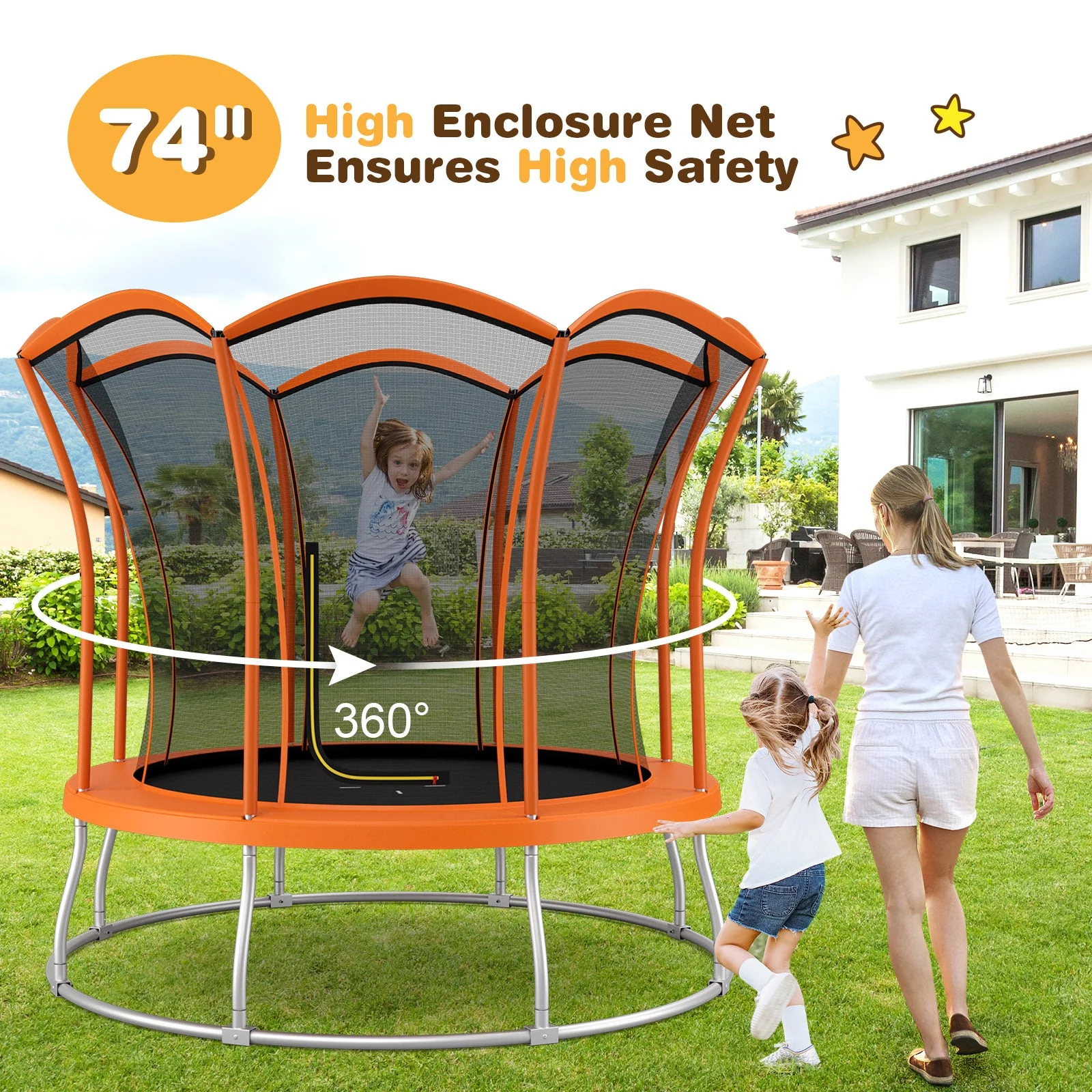 8 Feet Outdoor Unique Flower Shape Trampoline with Enclosure Net-Orange - Image 2