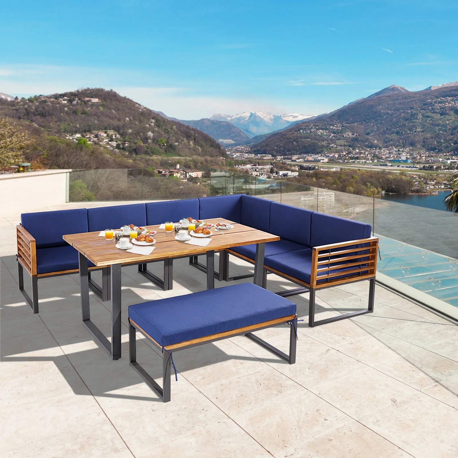 8 Pieces Patio Acacia Wood Dining Table Set with Ottoman - Navy - Image 2