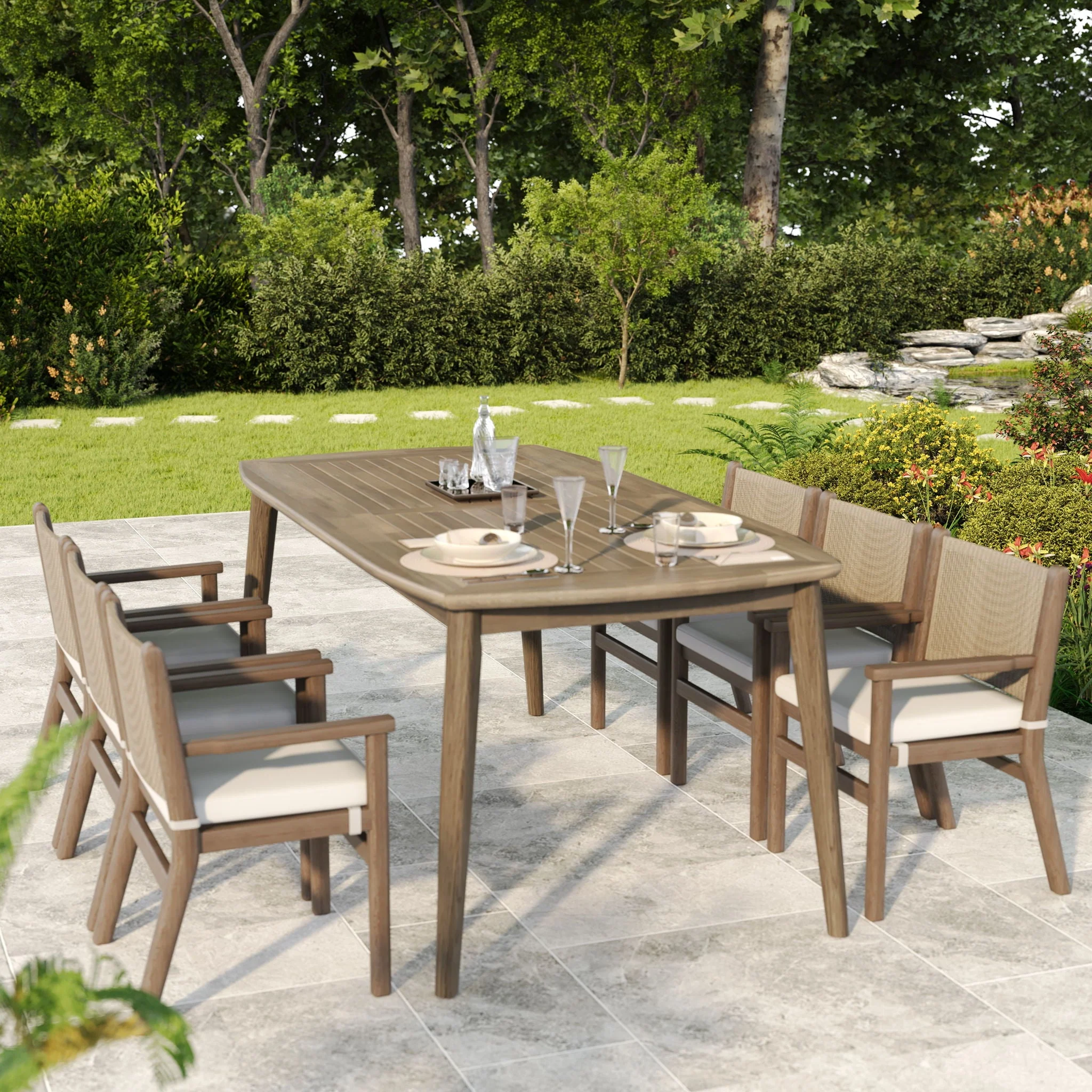 Acacia Wood 8 Person Outdoor Table, Light Brown - Image 4