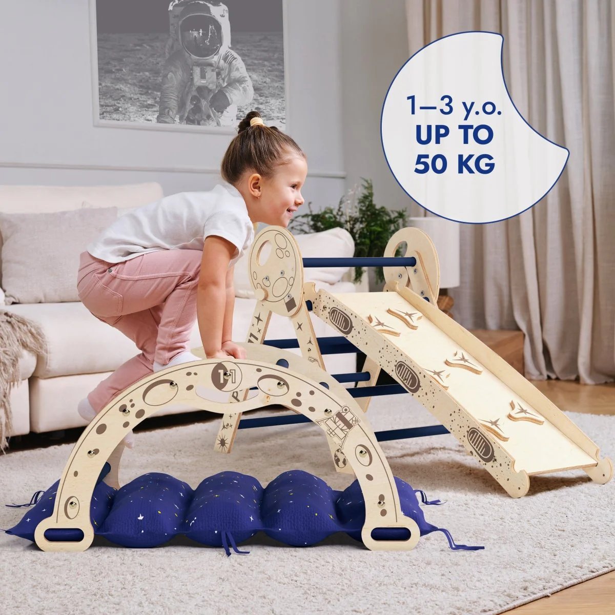 Apollo 4-in-1 Climbing Set:  Pikler Triangle, Arch, Slide Board, and Cushion for Little Toddlers Astronauts (1–3 Years) - Image 3