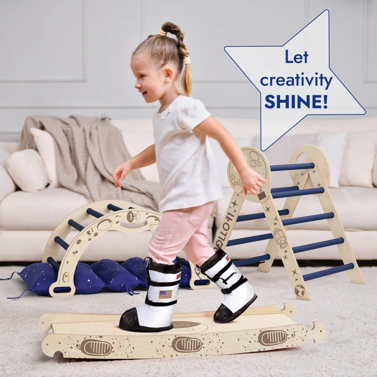 Apollo 4-in-1 Climbing Set:  Pikler Triangle, Arch, Slide Board, and Cushion for Little Toddlers Astronauts (1–3 Years) - Image 4