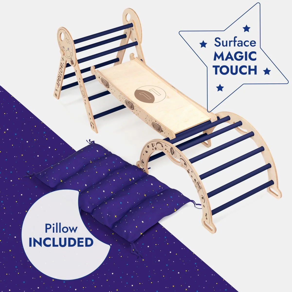 Apollo 4-in-1 Climbing Set:  Pikler Triangle, Arch, Slide Board, and Cushion for Little Toddlers Astronauts (1–3 Years) - Image 7