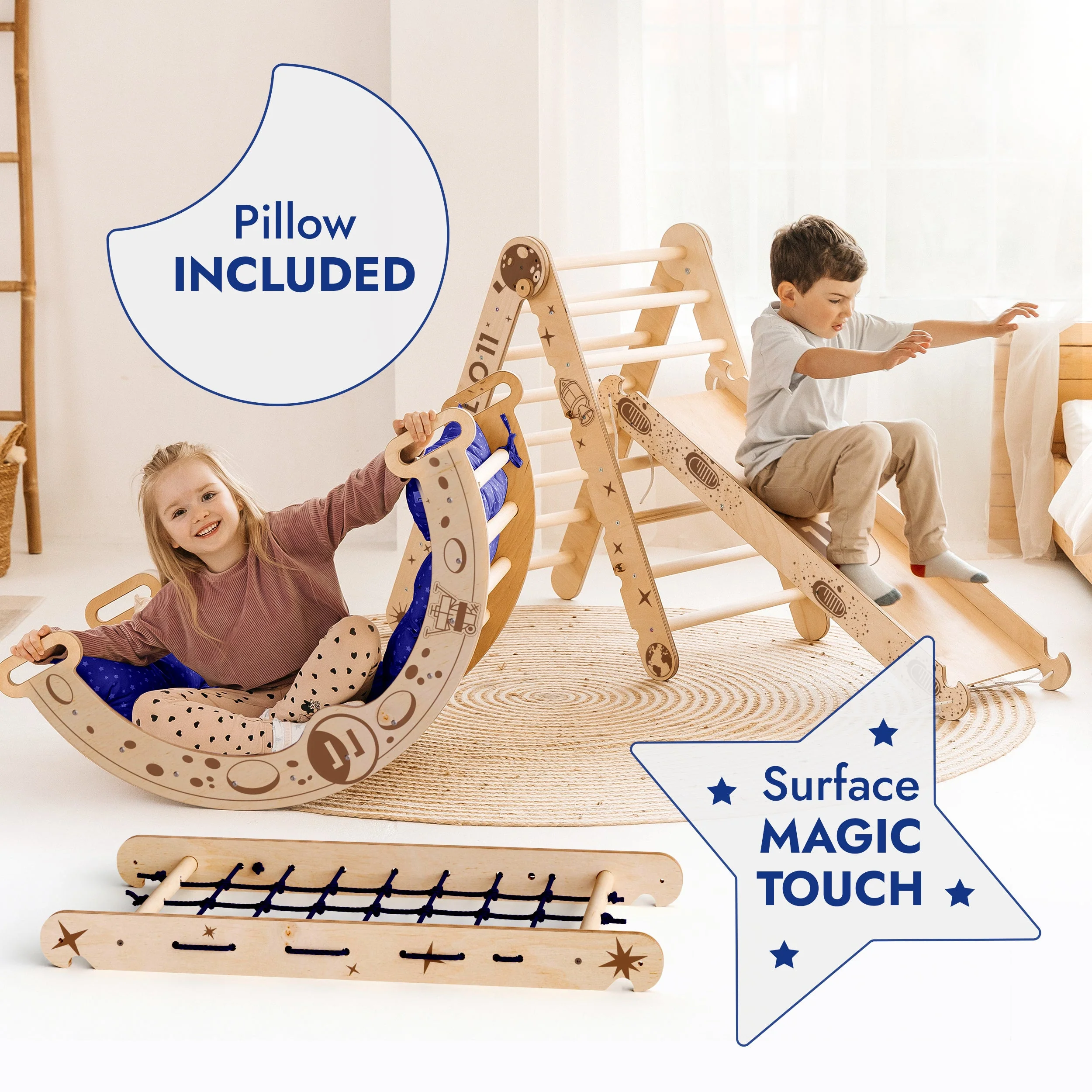 Apollo 5in1 Climbing Set: Pikler Triangle, Net, Arch, Slide Board, and Cushion for Little Astronauts - Image 3