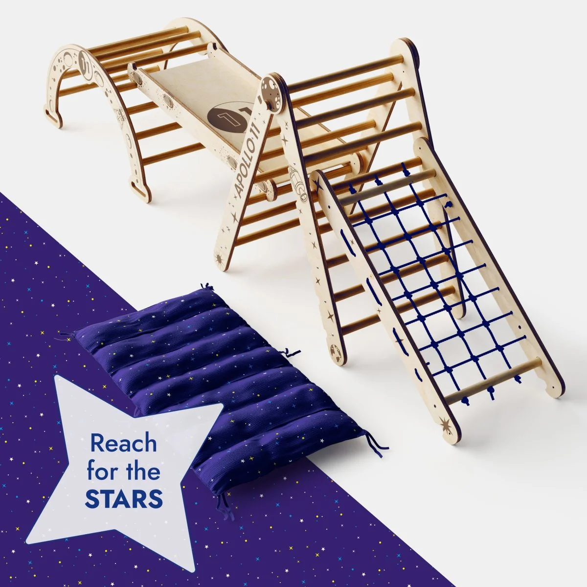 Apollo 5in1 Climbing Set: Pikler Triangle, Net, Arch, Slide Board, and Cushion for Little Astronauts - Image 6
