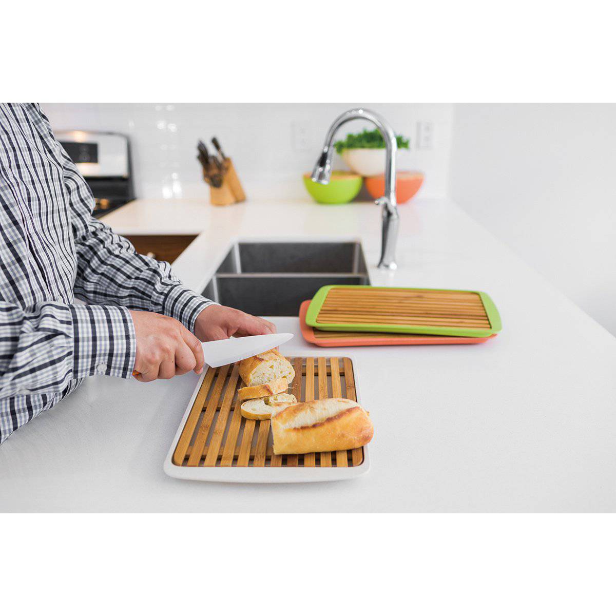 Bamboo Wood Cutting Board Lid w/ Drop-Through Crumb Spaces, Peach - Image 2