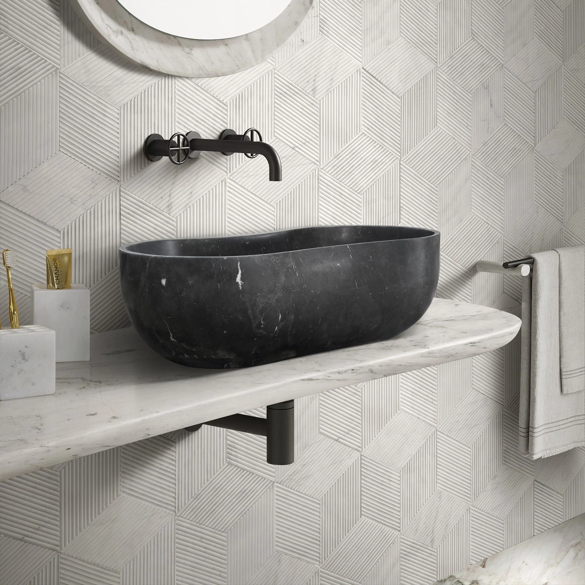 Bathroom Vessel Sink With Wavy Design by Couch - Image 13