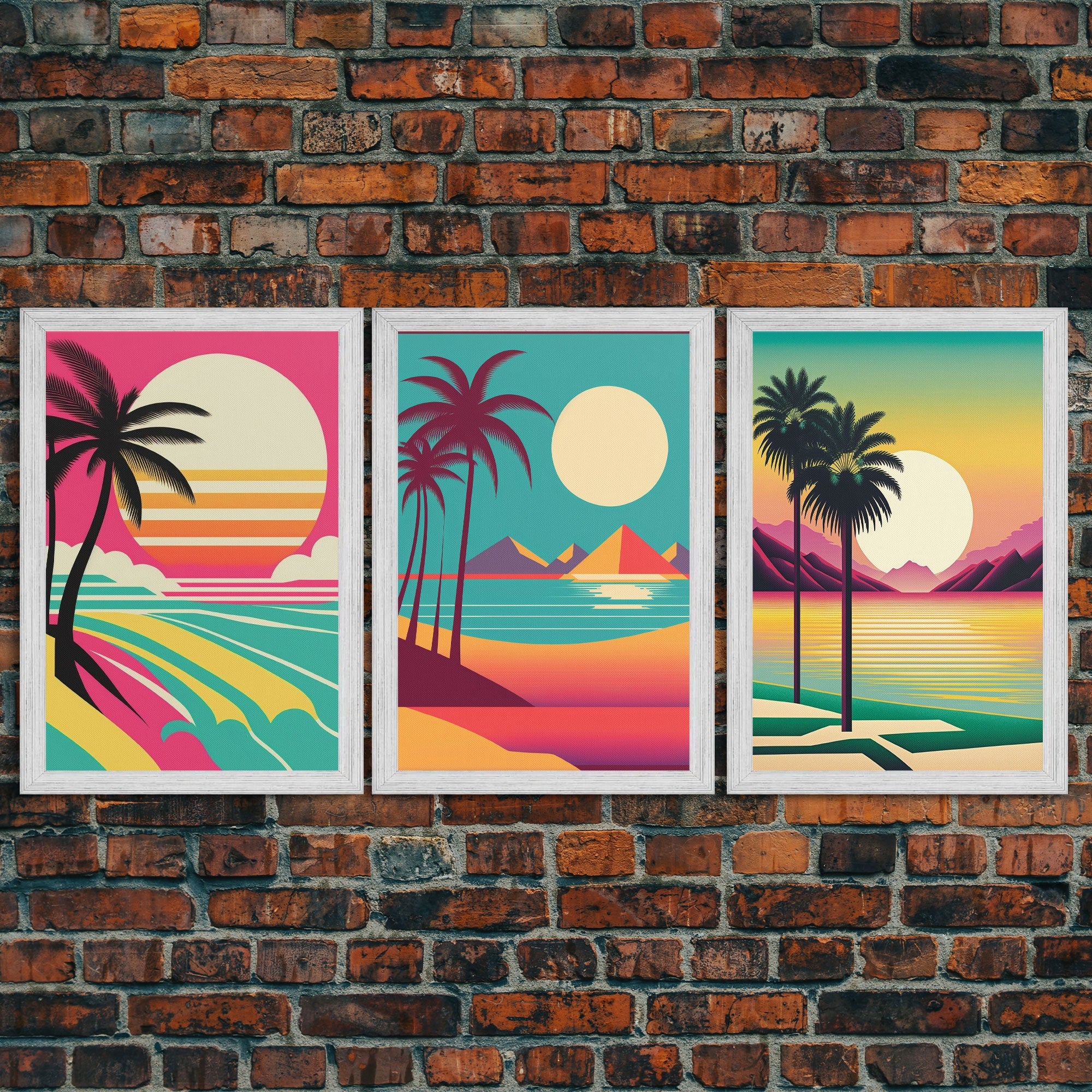 Beautiful Turquoise Retro Style Beach Art, Triptych 3 Panel Framed Canvas Prints - Image 2
