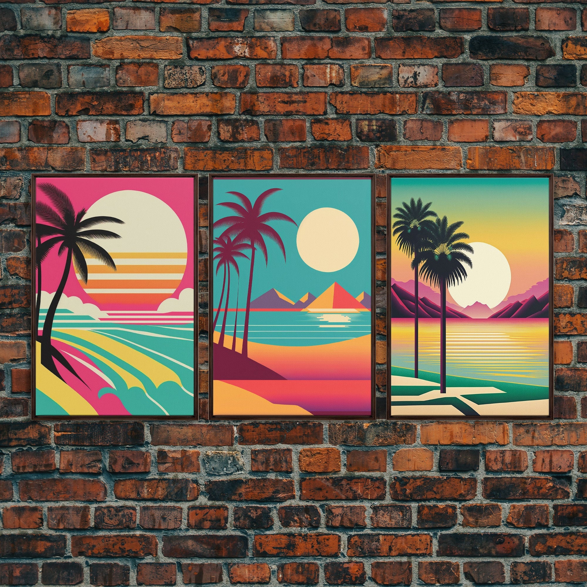 Beautiful Turquoise Retro Style Beach Art, Triptych 3 Panel Framed Canvas Prints - Image 4
