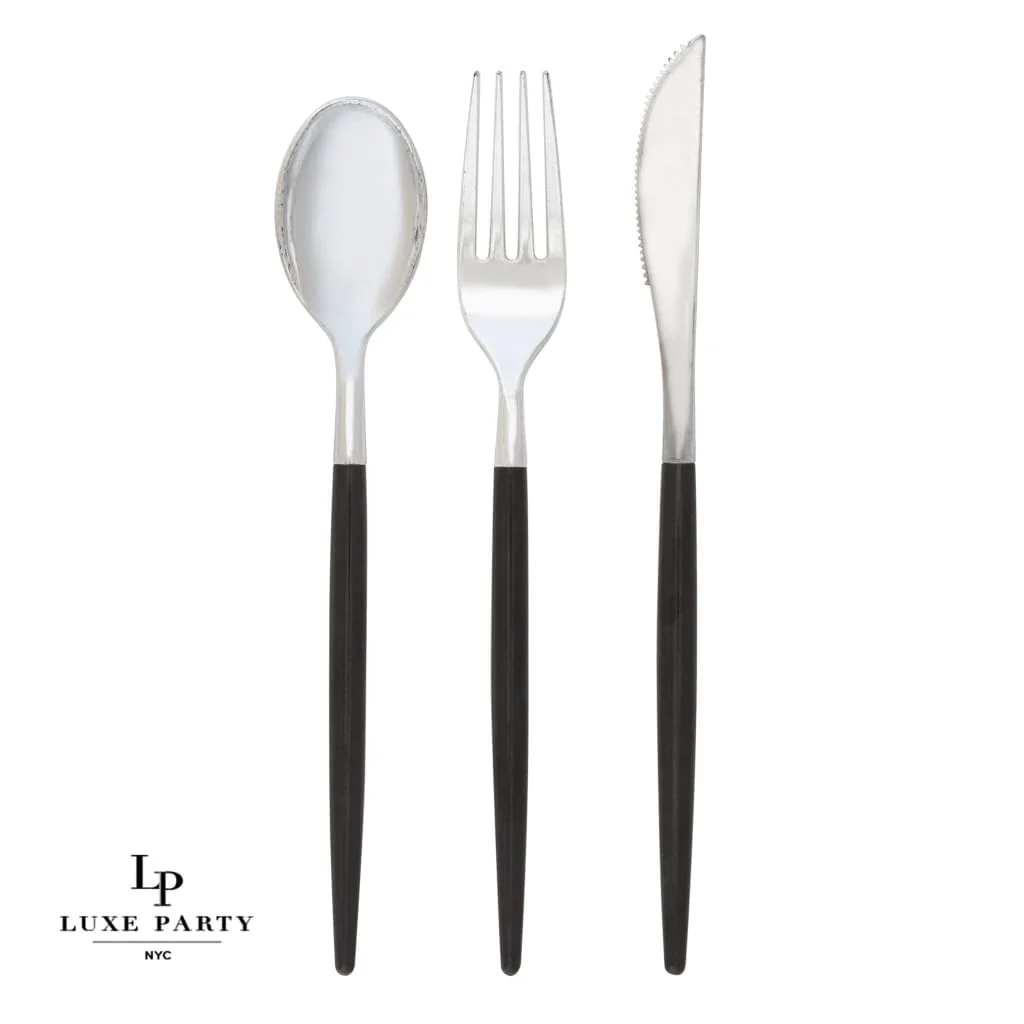 Black • Silver Plastic Cutlery Set | 32 Pieces - Image 2
