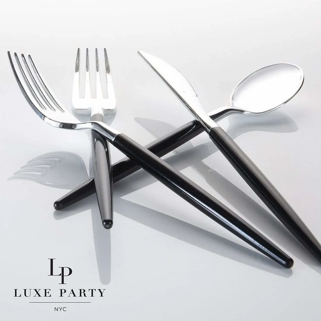 Black • Silver Plastic Cutlery Set | 32 Pieces - Image 3