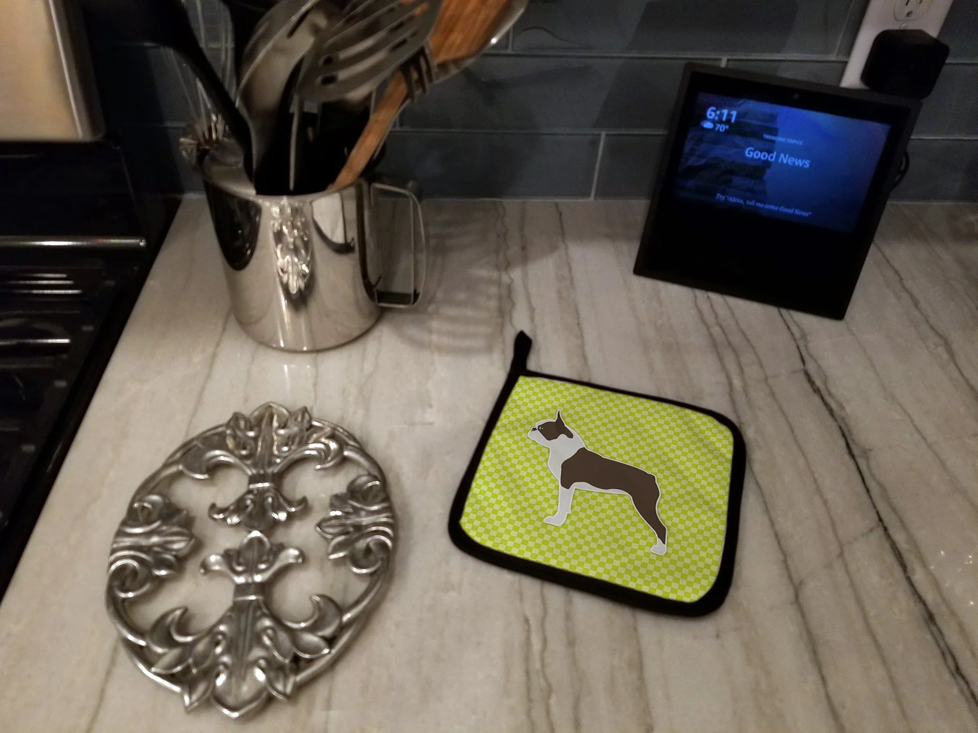 Boston Terrier Checkerboard Green Pot Holders - Set of 2 - Image 4