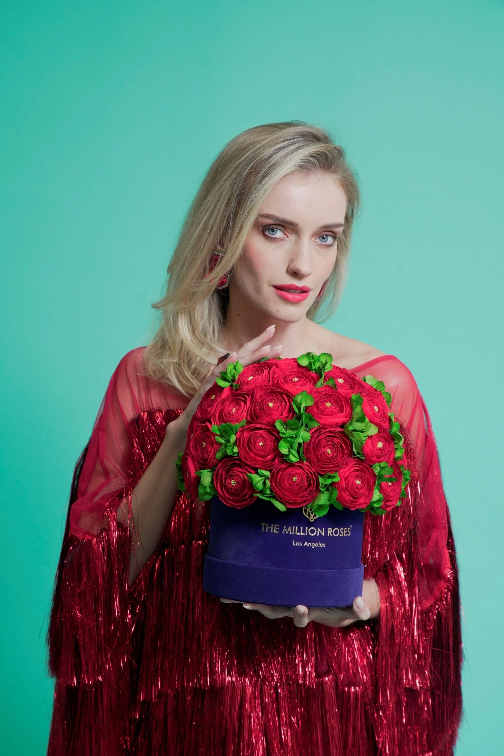 Classic Royal Blue Suede Box | Red Persian Buttercups & Green Hydrangeas - Image 3