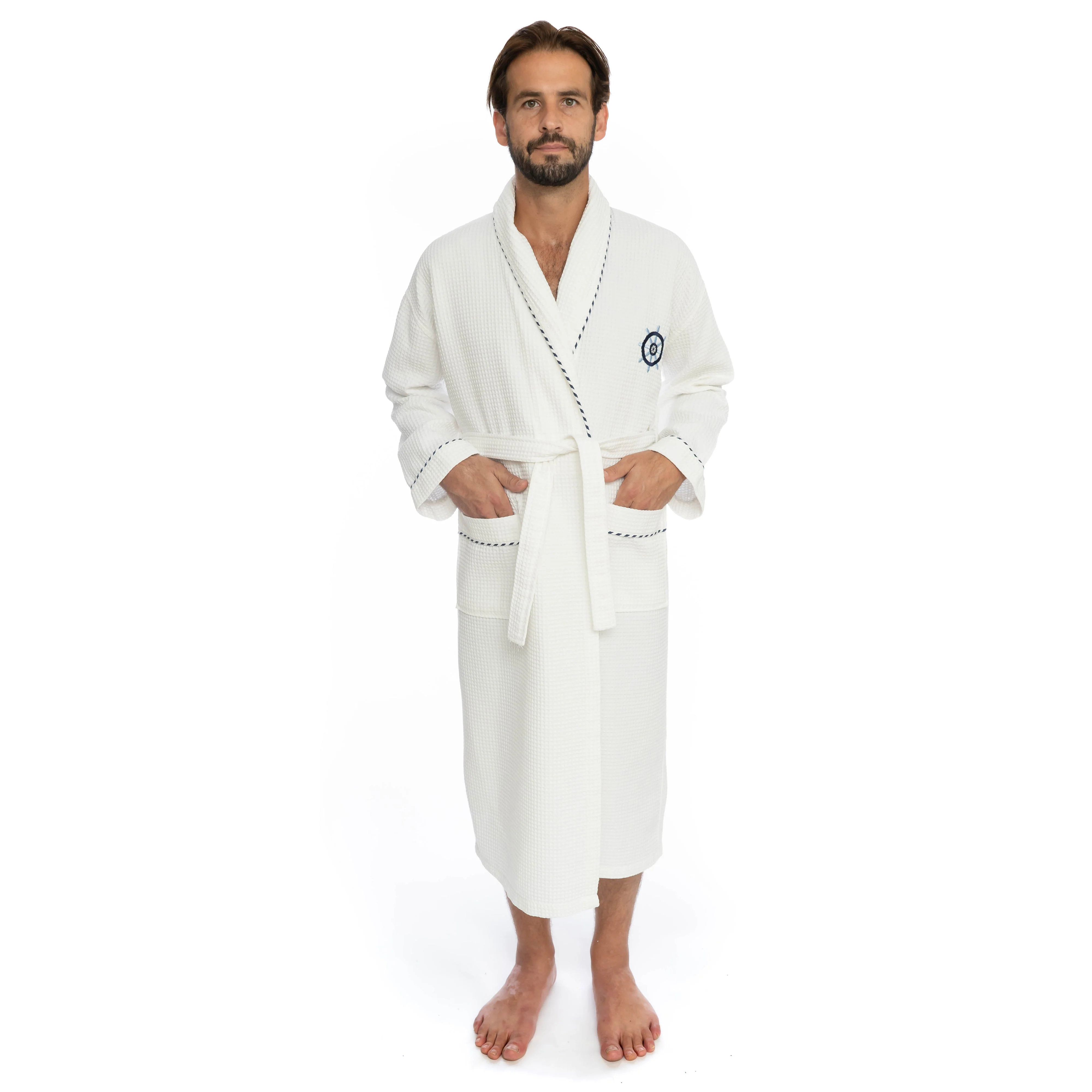 Classic Turkish Cotton Nautical Sailor Waffle Unisex Bathrobes - Image 7