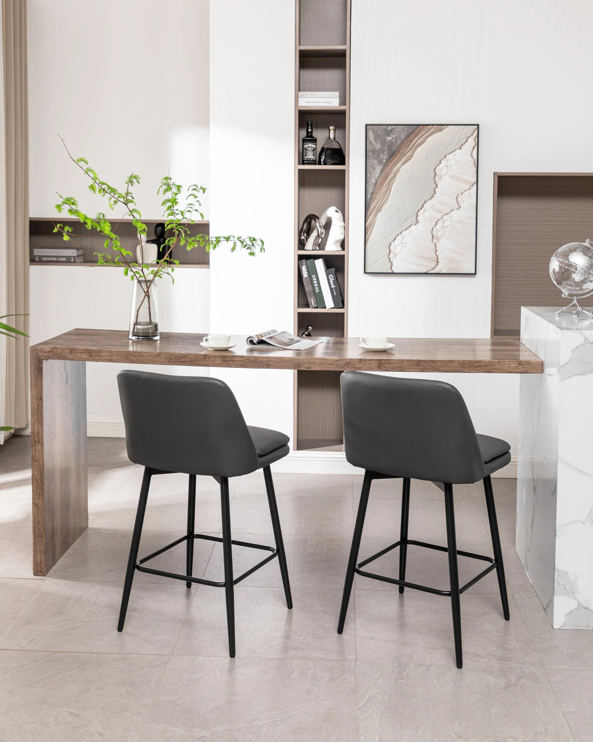 Counter Height Swivel Bar Stools Set of 2 with Metal Legs, Faux Leather, Grey - Image 22