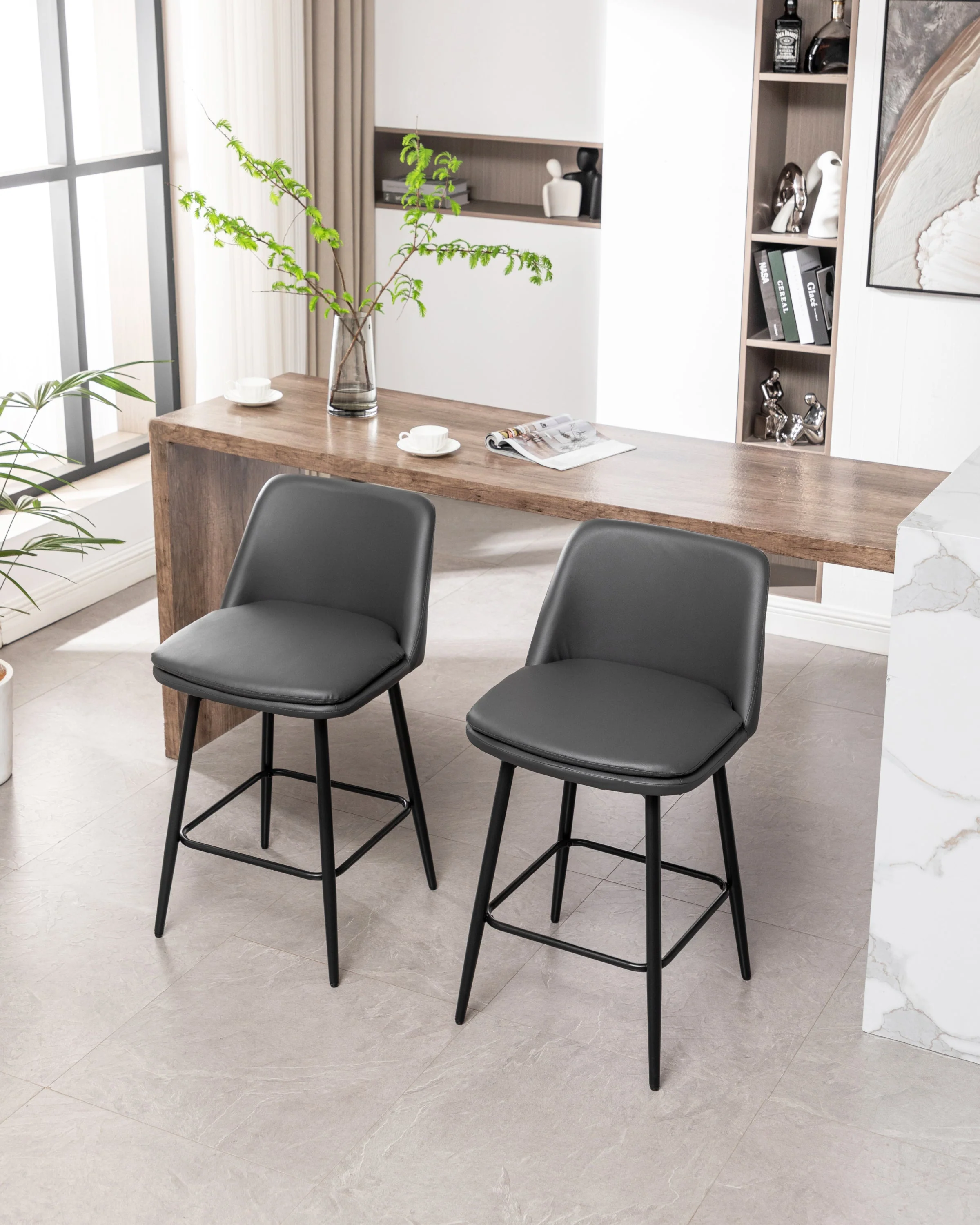 Counter Height Swivel Bar Stools Set of 2 with Metal Legs, Faux Leather, Grey - Image 33