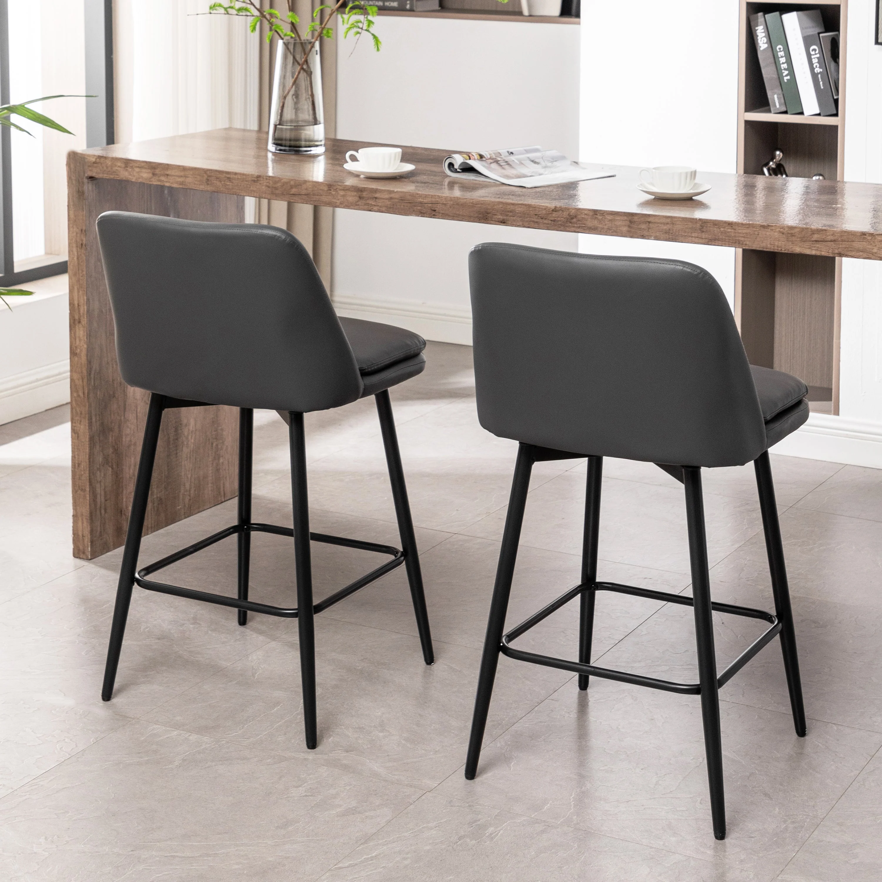 Counter Height Swivel Bar Stools Set of 2 with Metal Legs, Faux Leather, Grey - Image 4