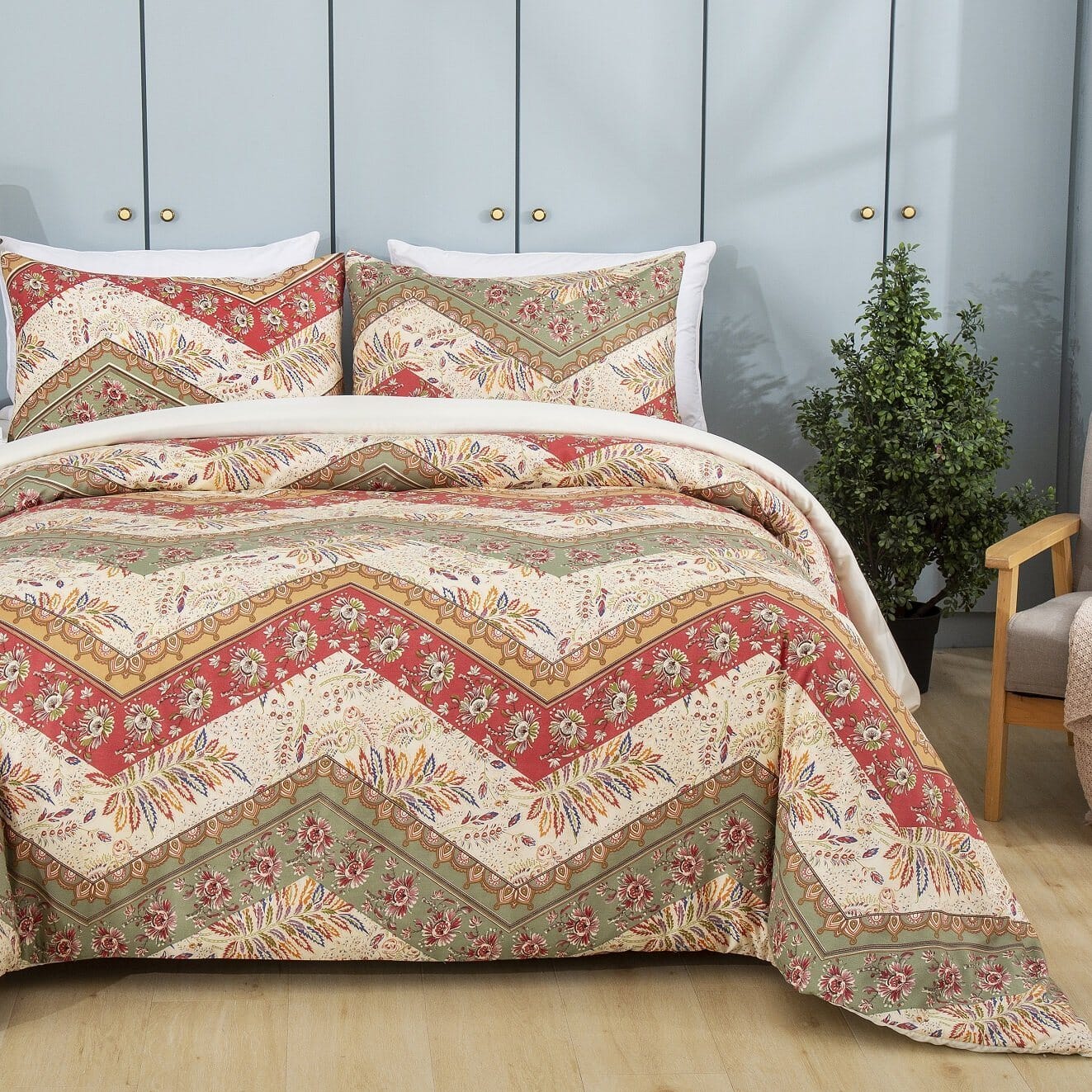 Cranberry Sage Chevron Floral Duvet Cover Set w/ Pillow Cases - Image 12