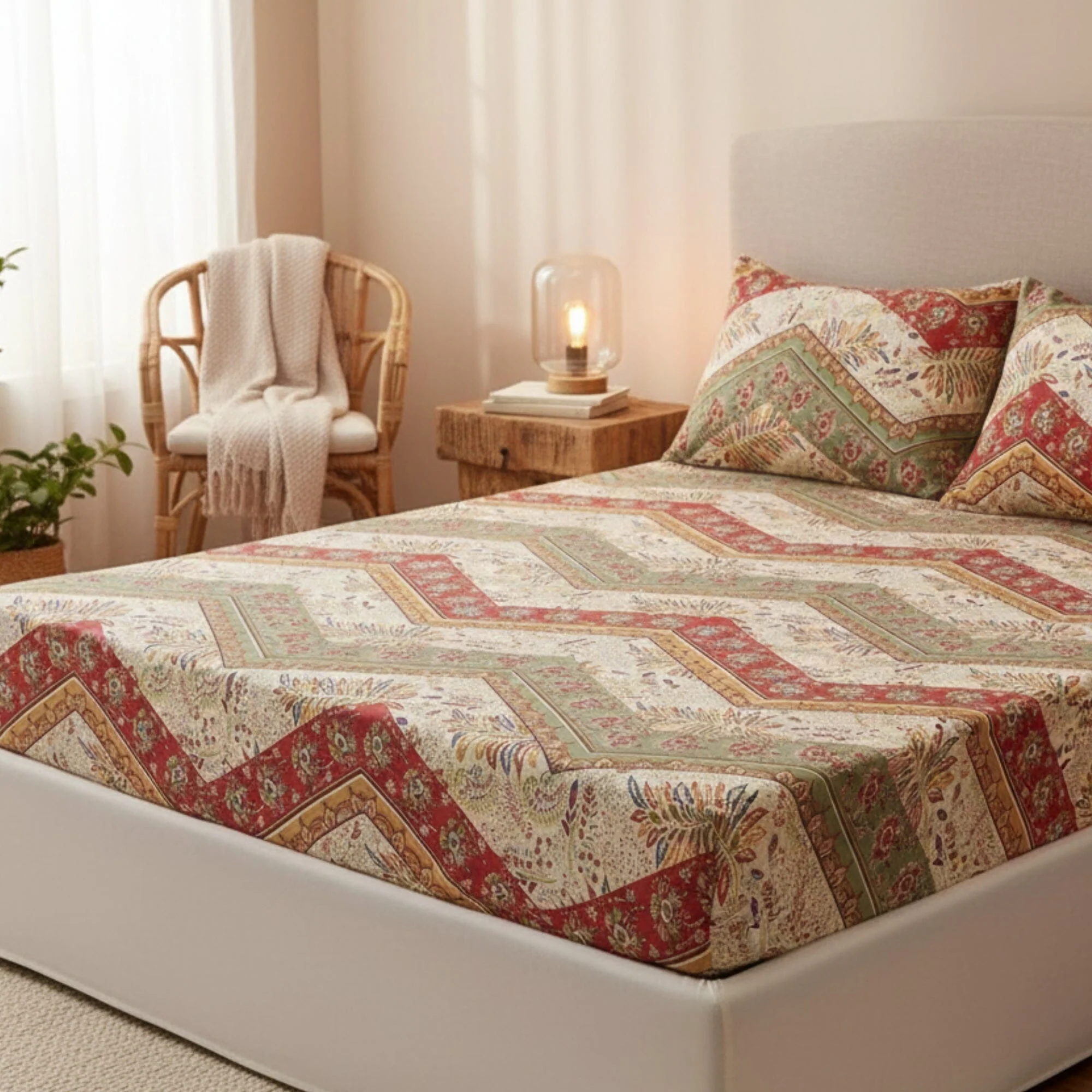 Botanical Cranberry Sage Chevron Floral Fitted Bed Sheet w/ Pillow Cases - Image 2