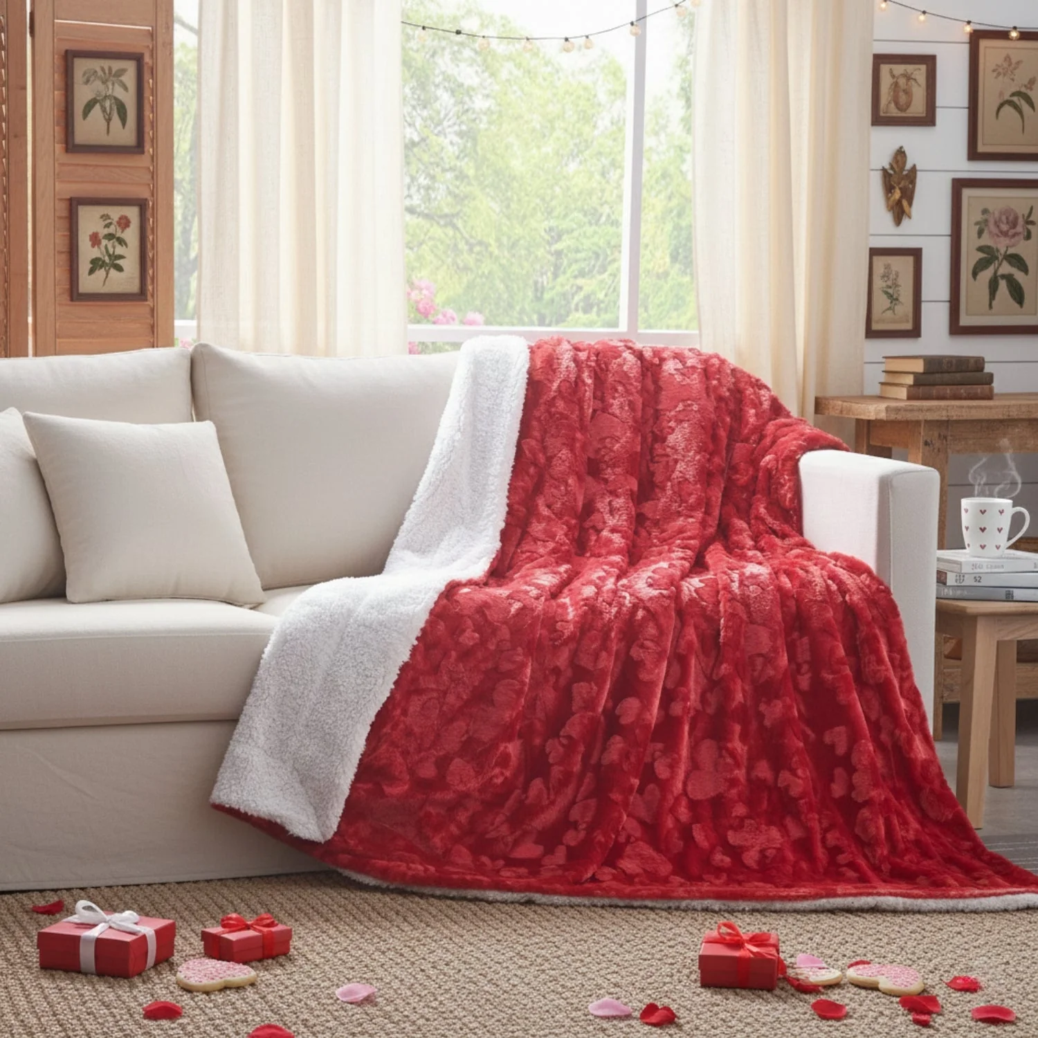 Romantic Red, Plush Faux Fur Throw Blanket - Image 3