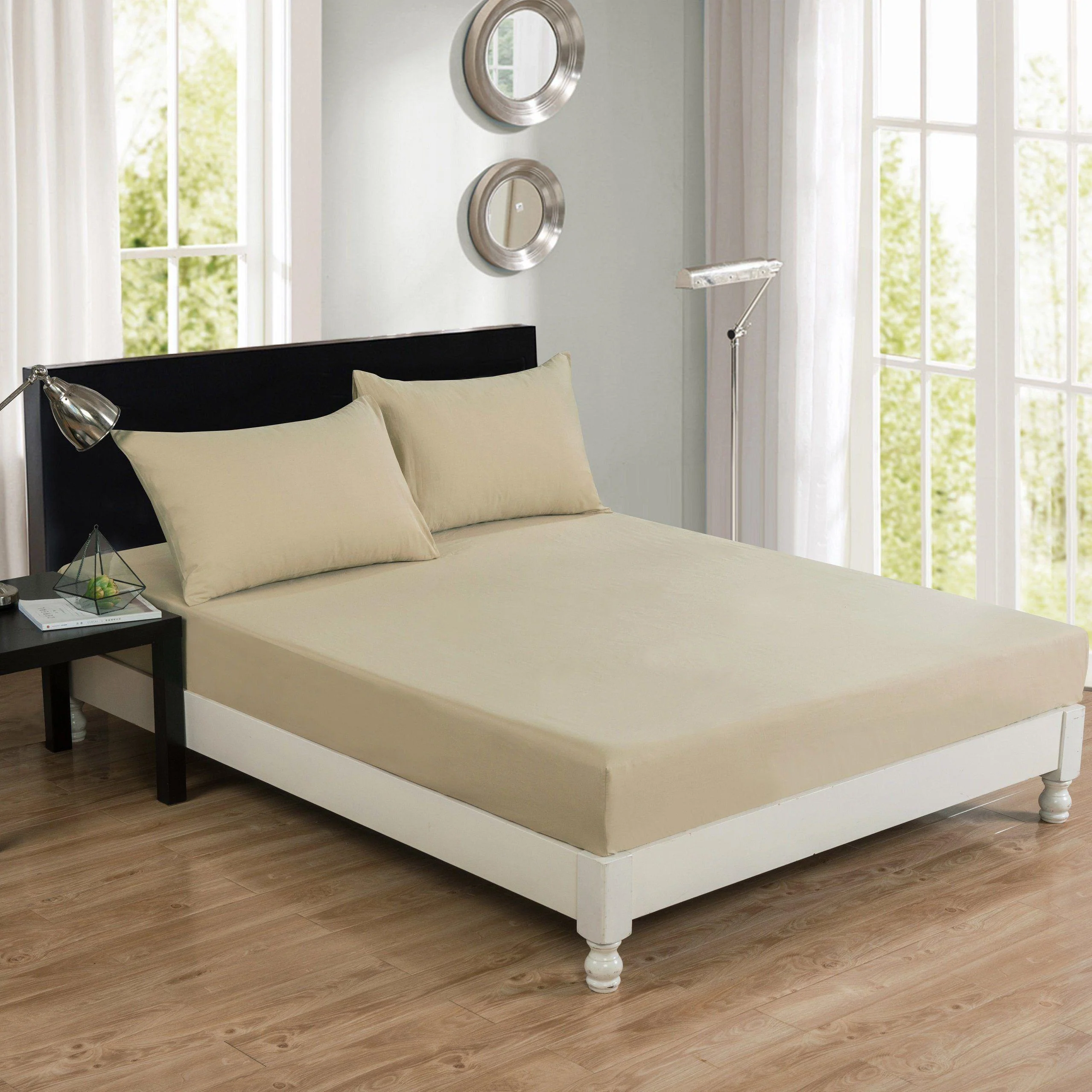 Luxury Soft Cotton Beige Fitted Bed Sheet & Pillow Cases Set