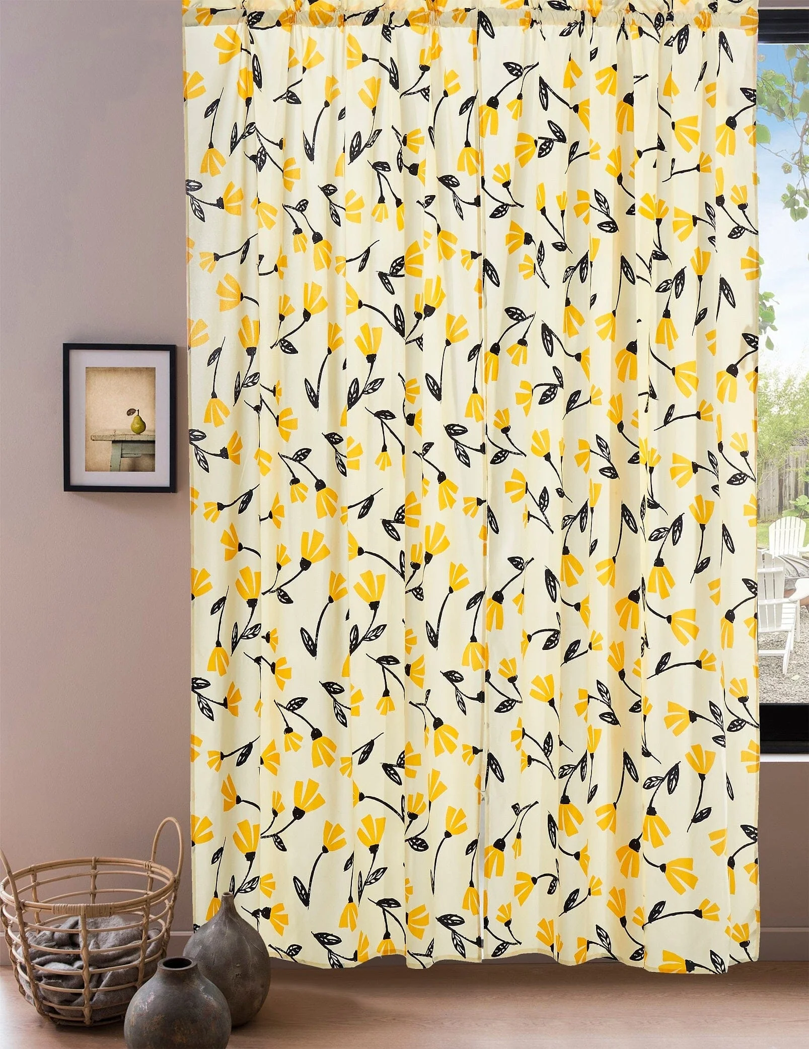 Set of 2 Botanical Floral Window Curtain Panels - Natural Semi Sheer - Image 7