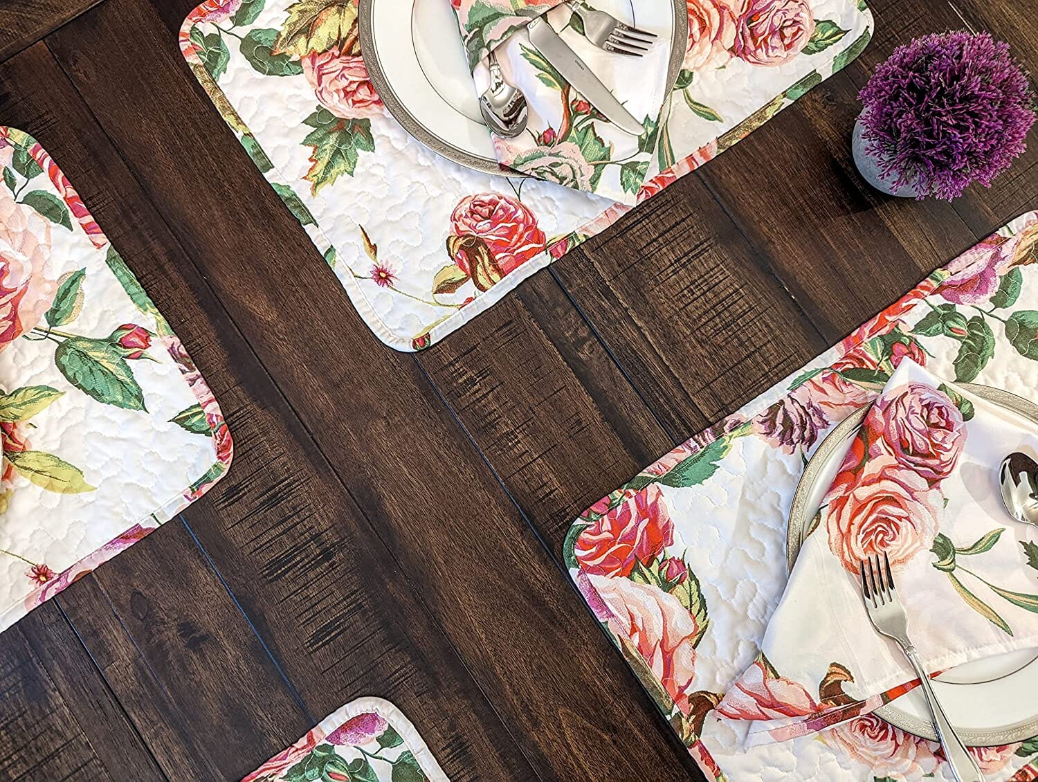Set of 4 - Pink Floral, Roses Quilted Dining Placemats - Image 8