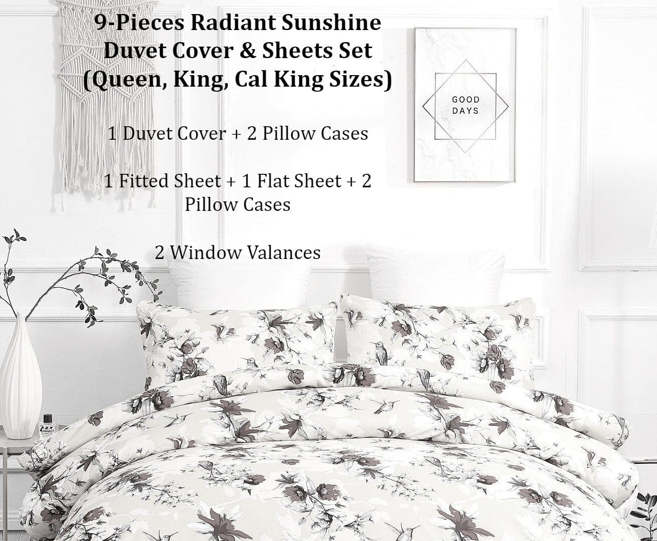 Sunshine Yellow Hummingbirds Floral Duvet Cover & Fitted Flat Bed Sheets Set - Image 11