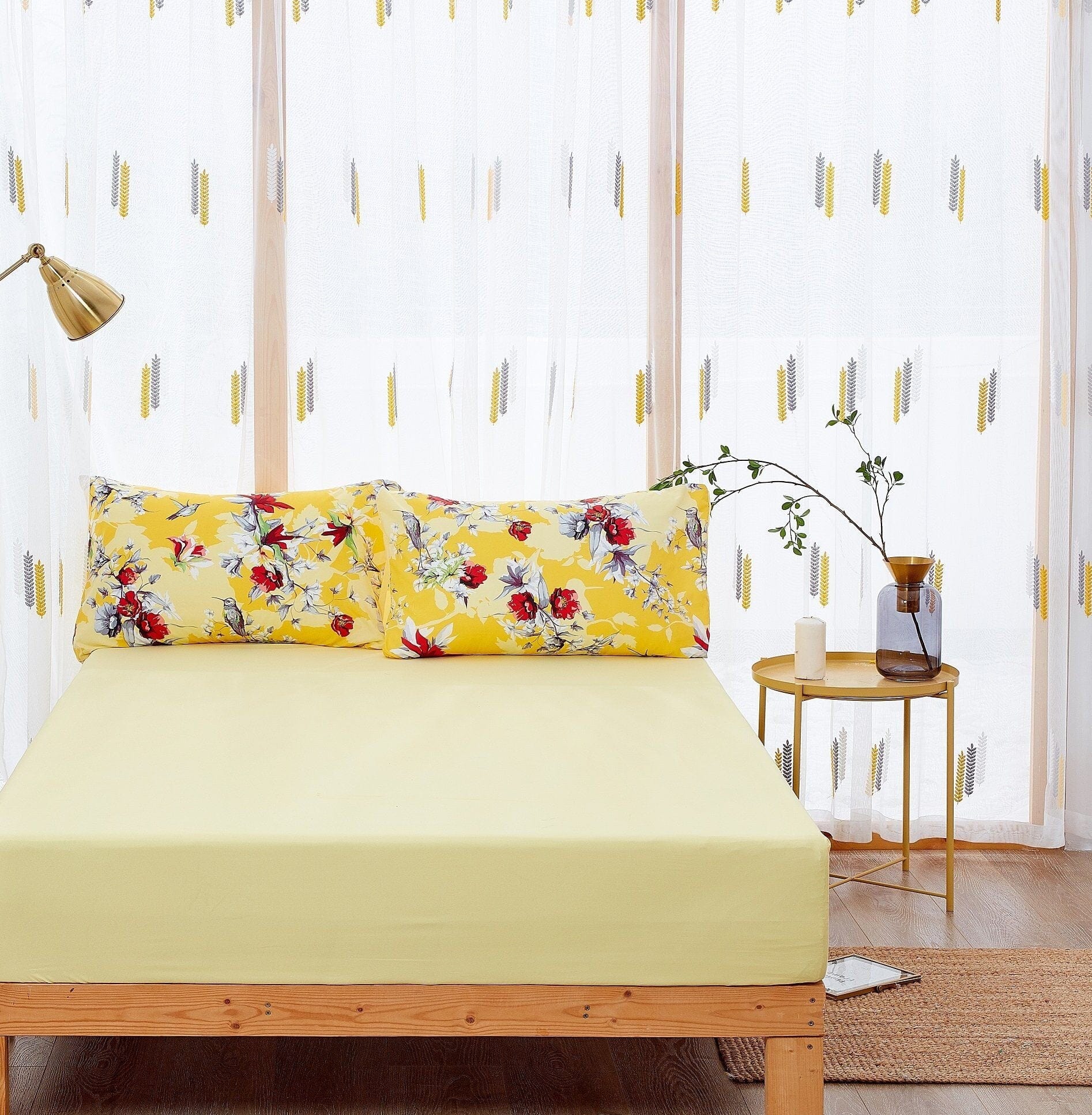 Sunshine Yellow Hummingbirds Floral Duvet Cover & Fitted Flat Bed Sheets Set - Image 8