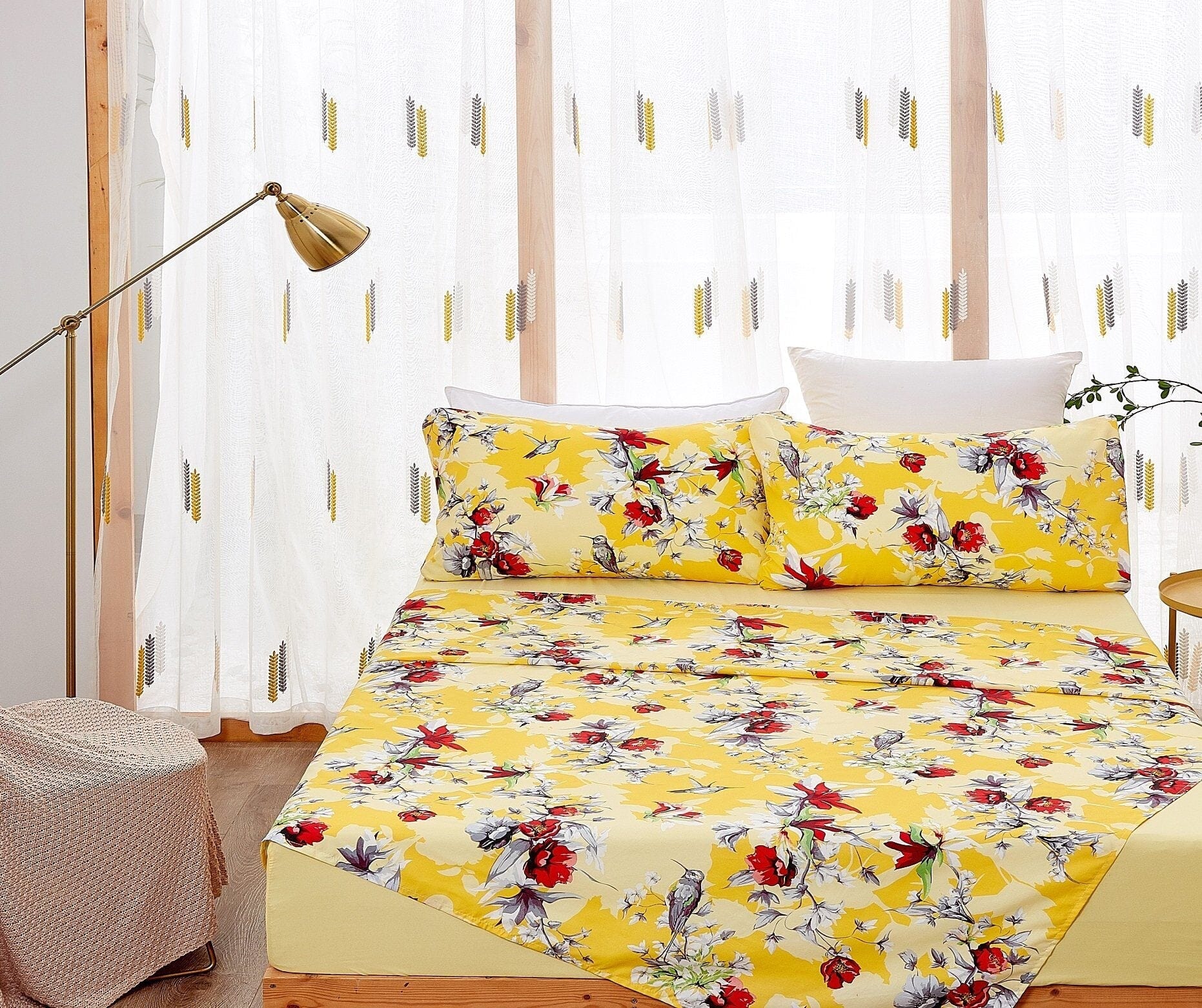 Sunshine Yellow Hummingbirds Floral Fitted & Flat Bed Sheets Set - Image 5