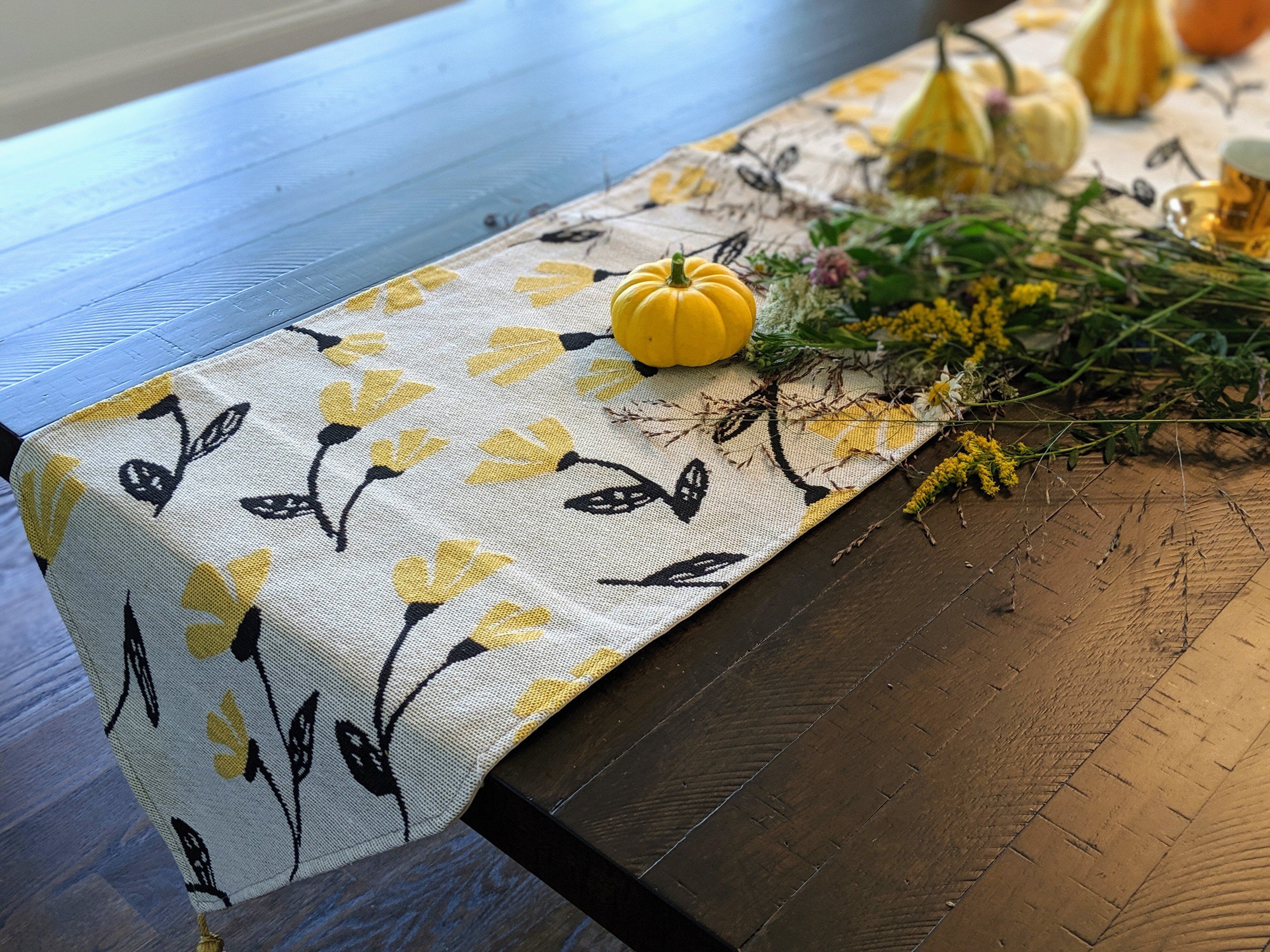 Yellow Fleur, Floral Garden, Woven Tapestry Dining Table Runner - Image 3
